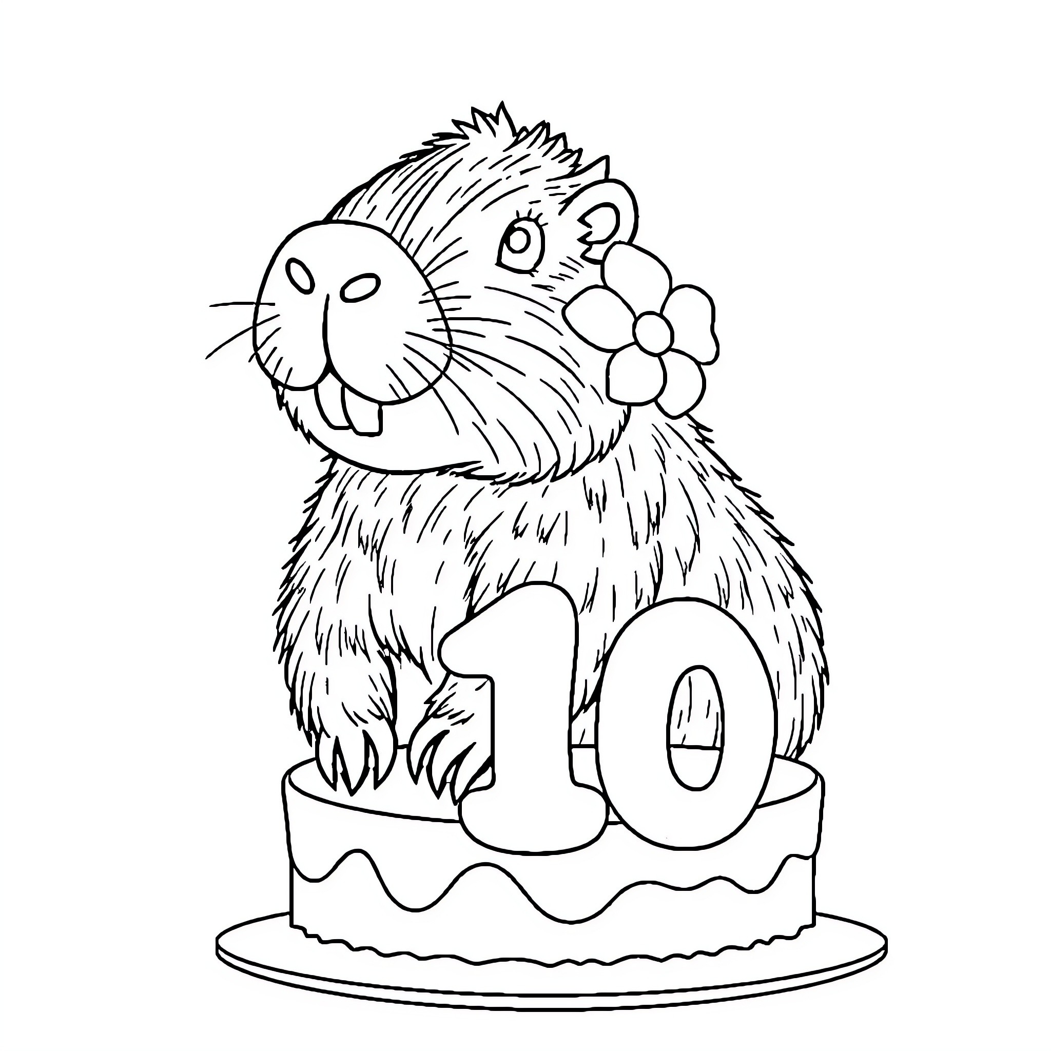 Capybara celebrating 10th birthday with cake Coloring Page (free black-and-white line drawing printable PDF for all, from beginners to advanced learners, including children, teens, adults, and seniors)