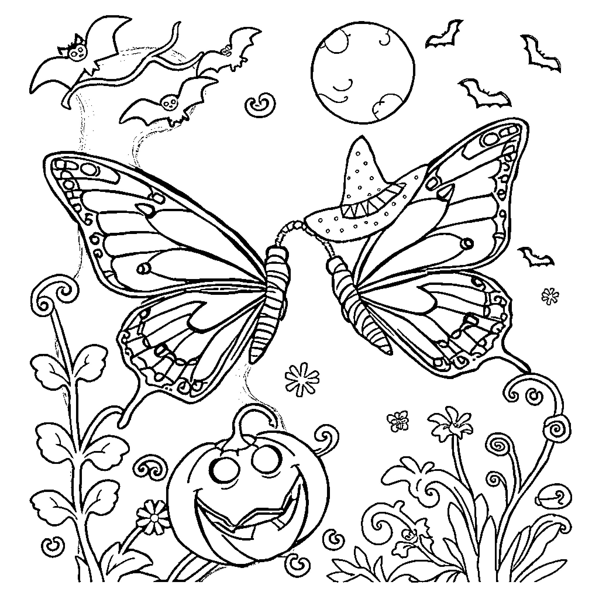 Butterfly Whimsical Night Scene Coloring Page (free black-and-white line drawing printable PDF for all, from beginners to advanced learners, including children, teens, adults, and seniors)