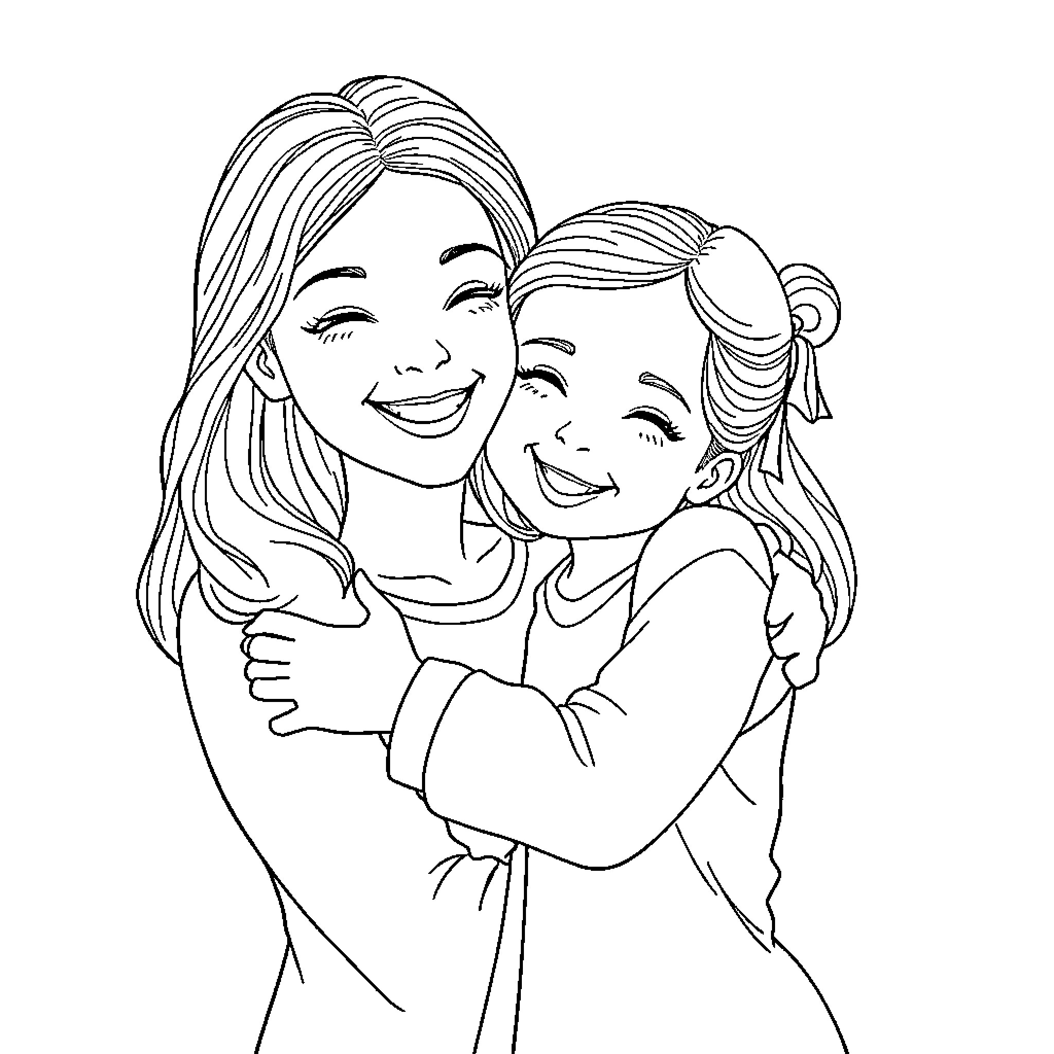 Mother and Child Embracing Joyfully Coloring Page (free black-and-white line drawing printable PDF for all, from beginners to advanced learners, including children, teens, adults, and seniors)
