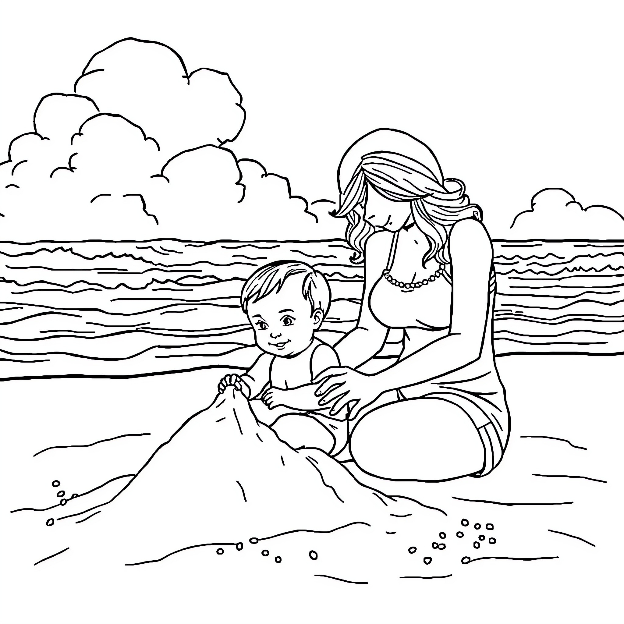 Mum and child playing by the ocean Coloring Page (free black-and-white line drawing printable PDF for all, from beginners to advanced learners, including children, teens, adults, and seniors)