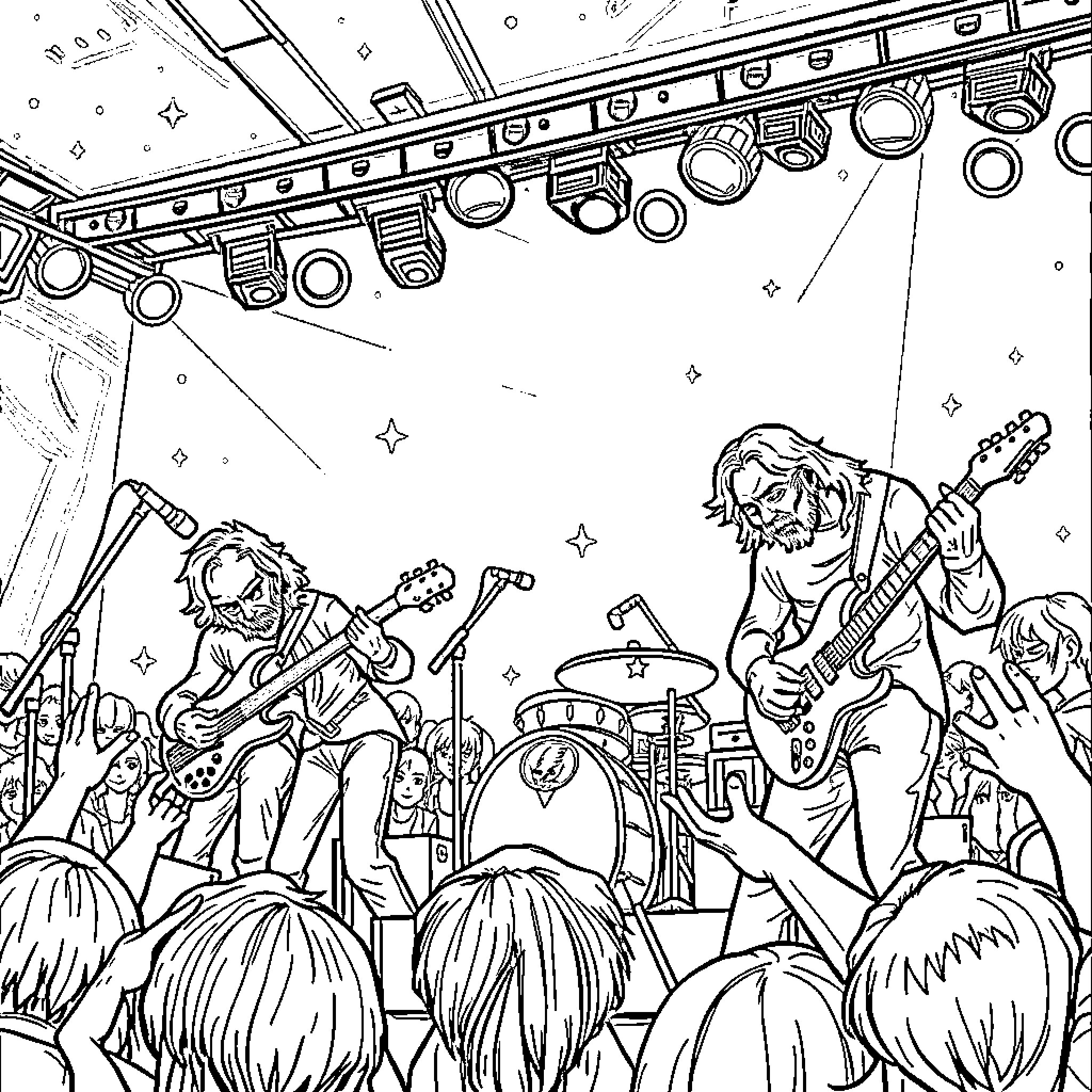 Grateful Dead performing energetically on stage Coloring Page (free black-and-white line drawing printable PDF for all, from beginners to advanced learners, including children, teens, adults, and seniors)