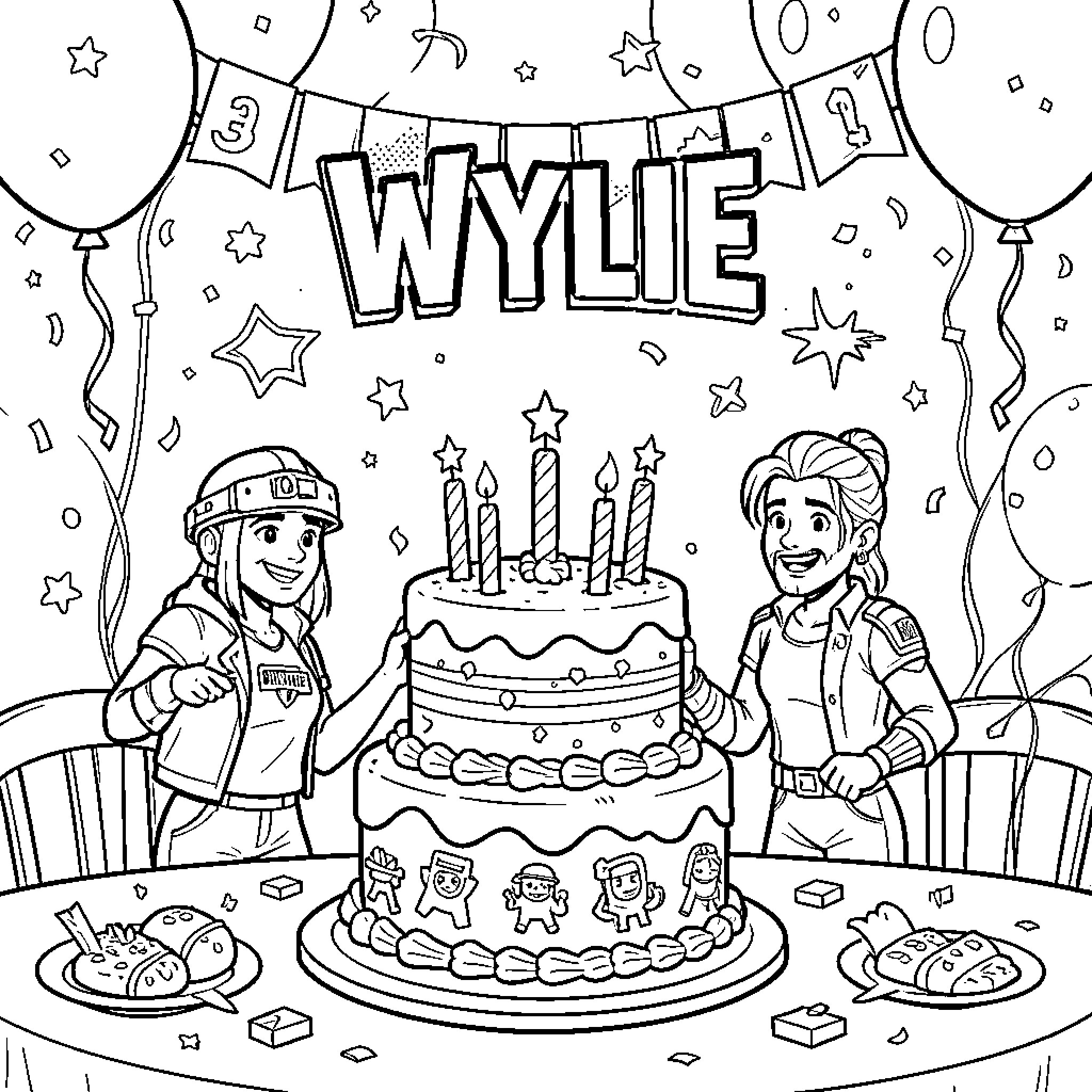 Fortnite characters celebrate Wylie's birthday party Coloring Page (free black-and-white line drawing printable PDF for all, from beginners to advanced learners, including children, teens, adults, and seniors)