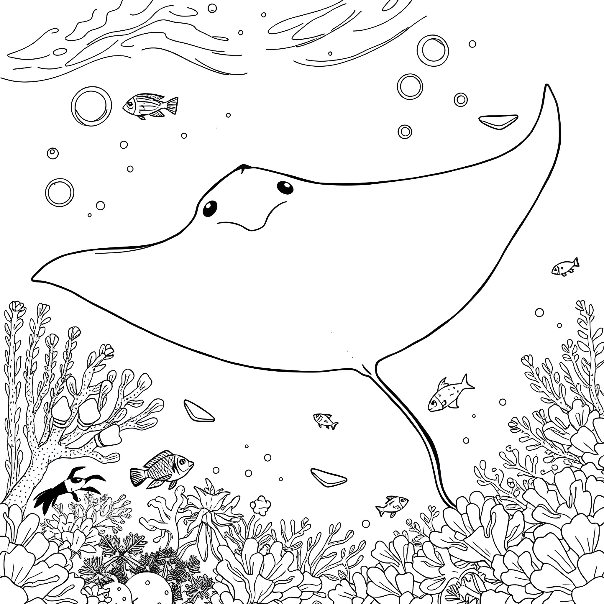 Ray the majestic manta ray swimming in the underwater world Coloring Page (free black-and-white line drawing printable PDF for all, from beginners to advanced learners, including children, teens, adults, and seniors)