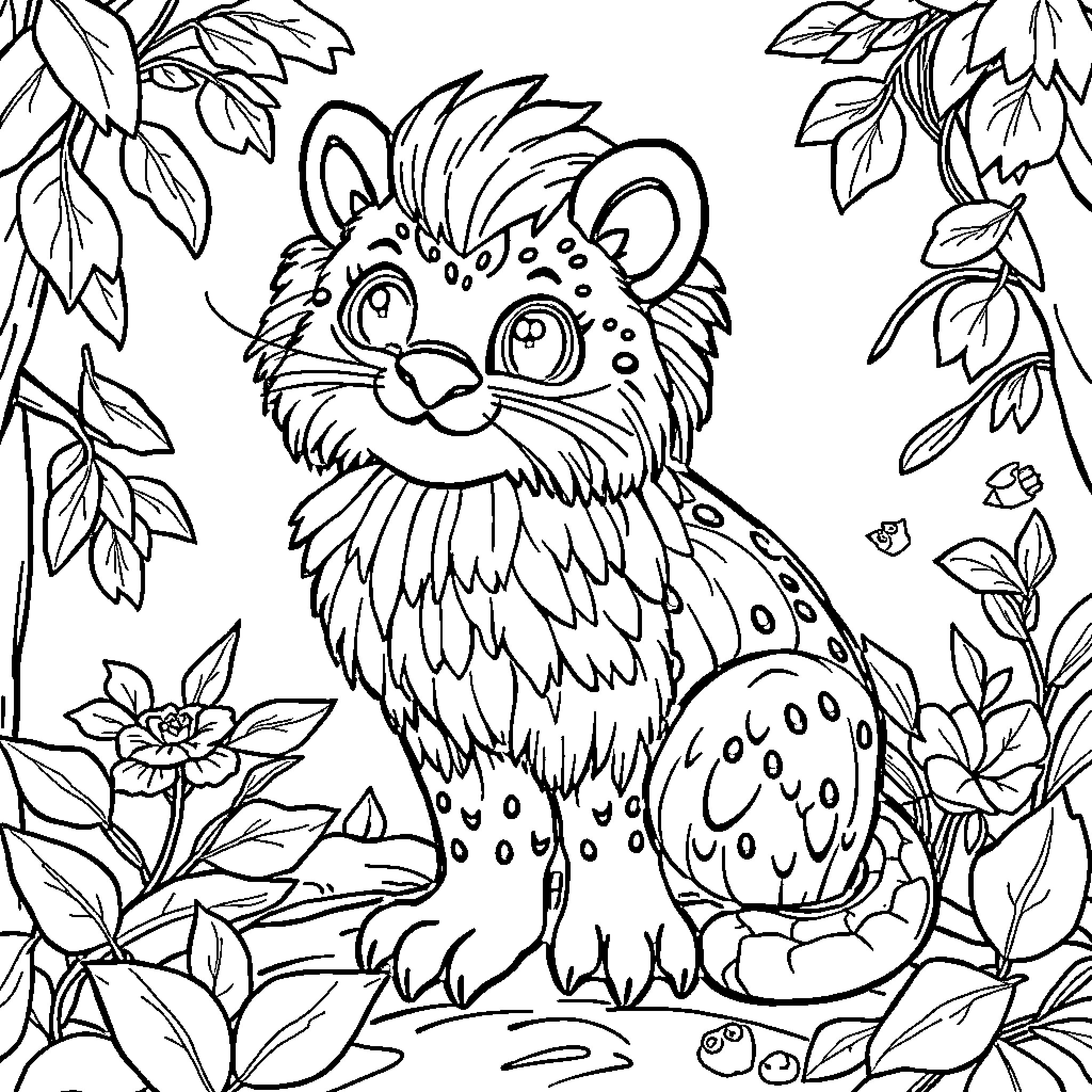 Cartoon animal in floral nature setting Coloring Page (free black-and-white line drawing printable PDF for all, from beginners to advanced learners, including children, teens, adults, and seniors)