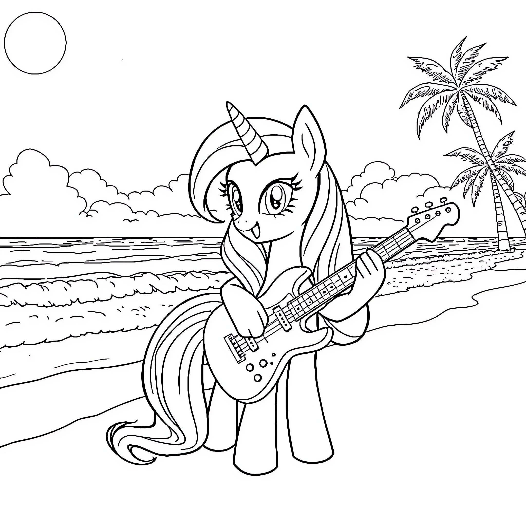 Twilight Sparkle's Musical Beach Adventure Coloring Page (free black-and-white line drawing printable PDF for all, from beginners to advanced learners, including children, teens, adults, and seniors)