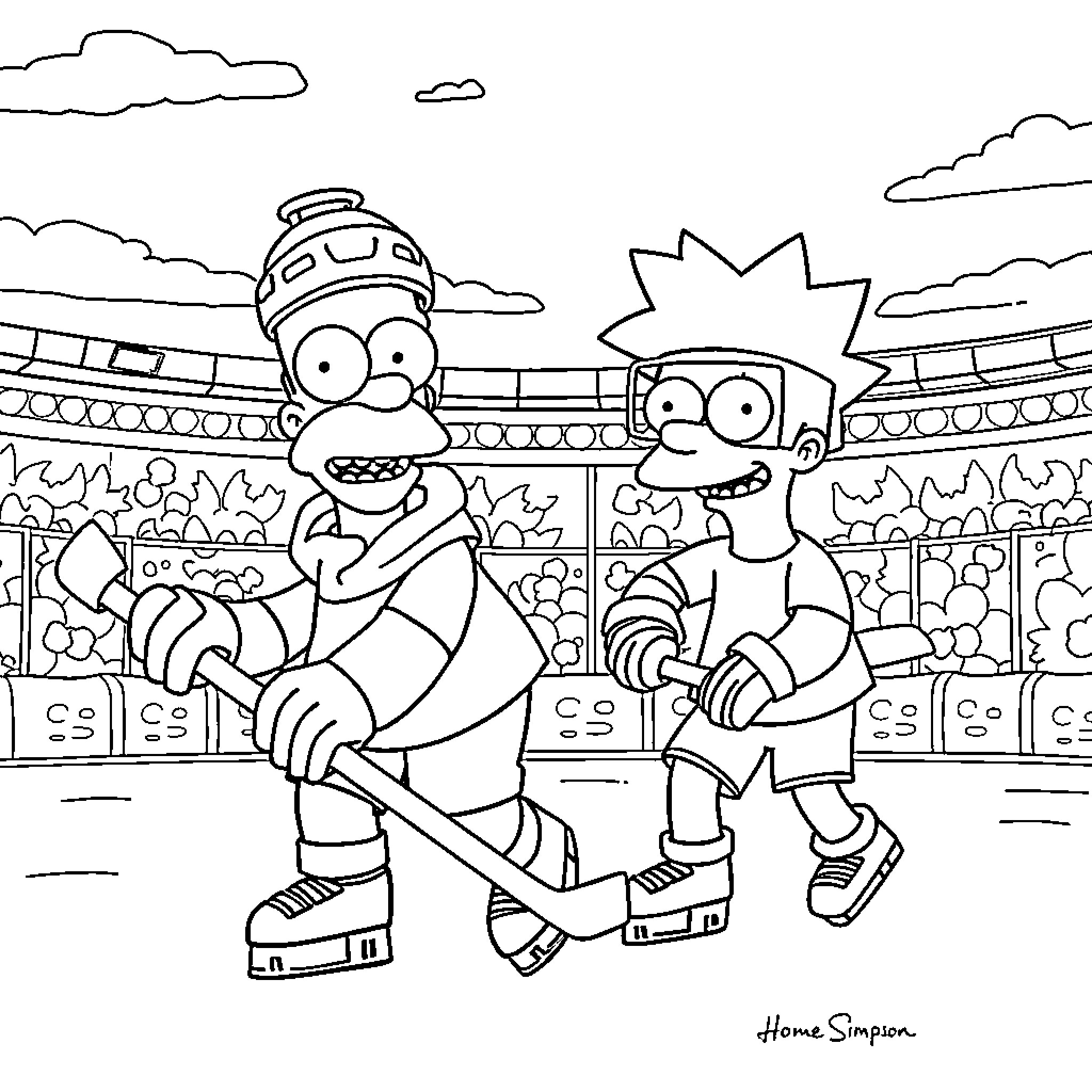 Simpson family members playing joyfully in stadium Coloring Page (free black-and-white line drawing printable PDF for all, from beginners to advanced learners, including children, teens, adults, and seniors)