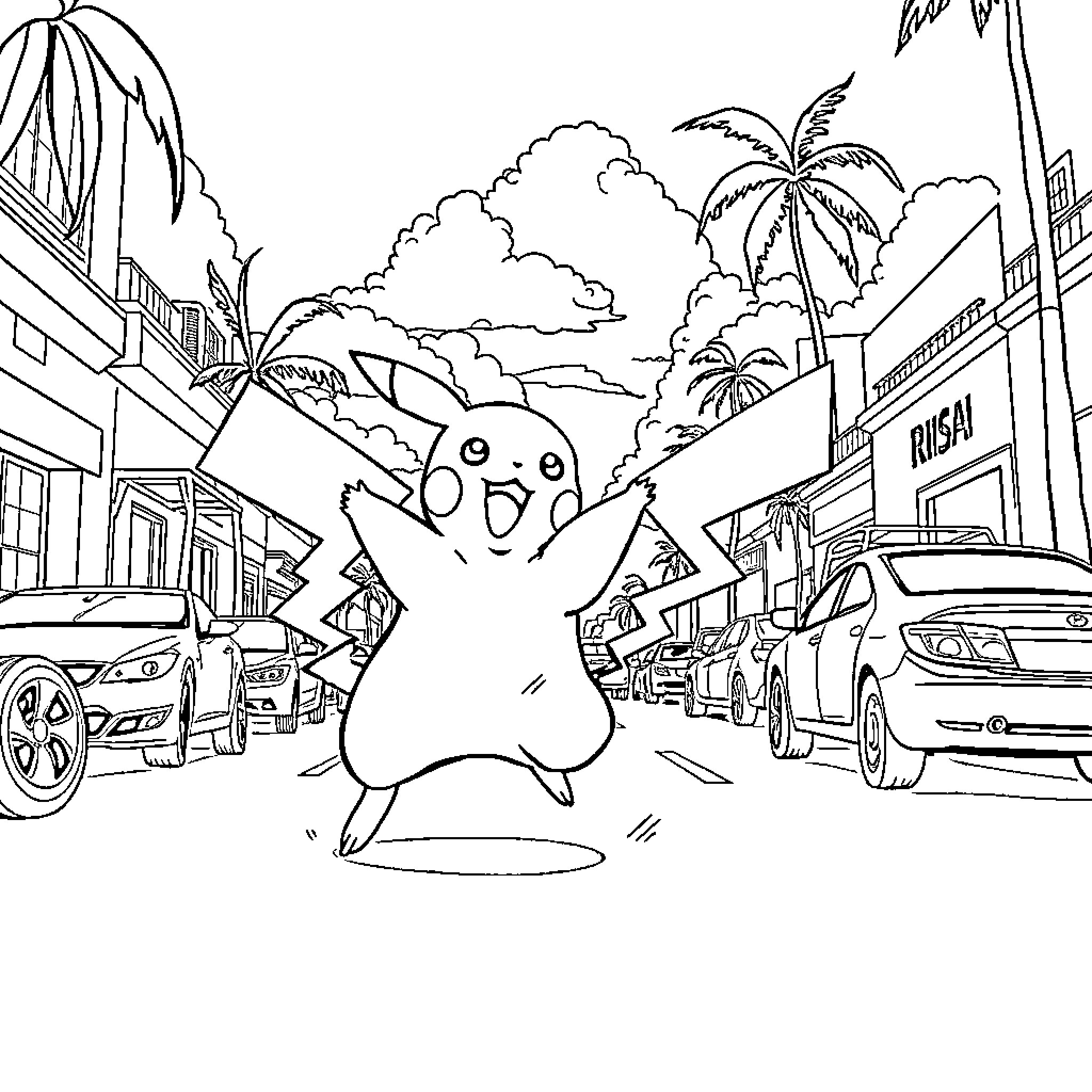 Pikachu's Tropical Adventure Coloring Page (free black-and-white line drawing printable PDF for all, from beginners to advanced learners, including children, teens, adults, and seniors)