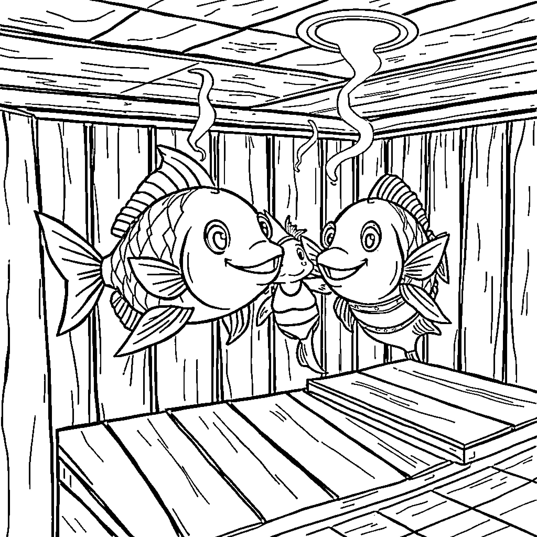 Fish playing and kissing in decorated underwater scene Coloring Page (free black-and-white line drawing printable PDF for all, from beginners to advanced learners, including children, teens, adults, and seniors)