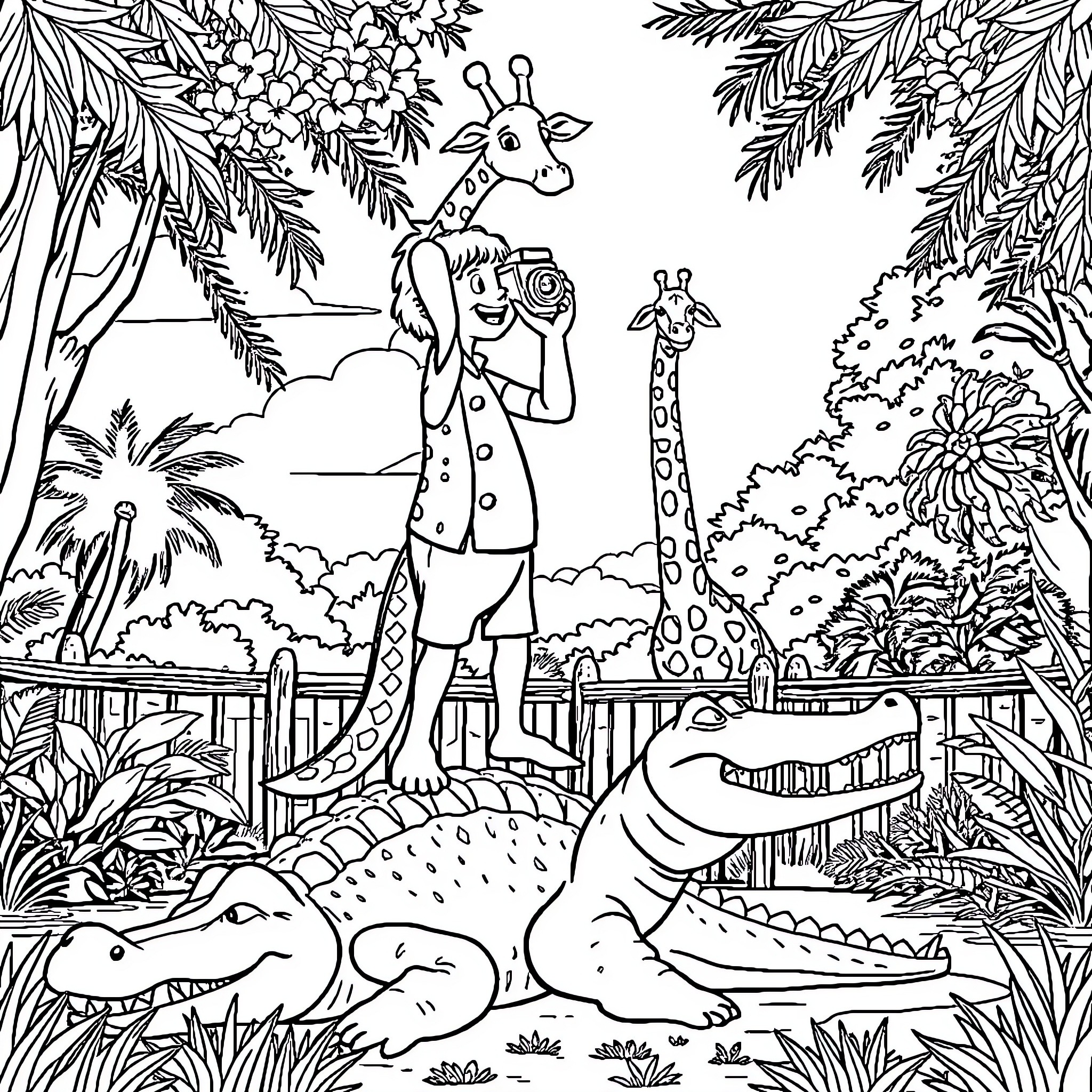 Bevis explores the vibrant jungle with curious animals Coloring Page (free black-and-white line drawing printable PDF for all, from beginners to advanced learners, including children, teens, adults, and seniors)