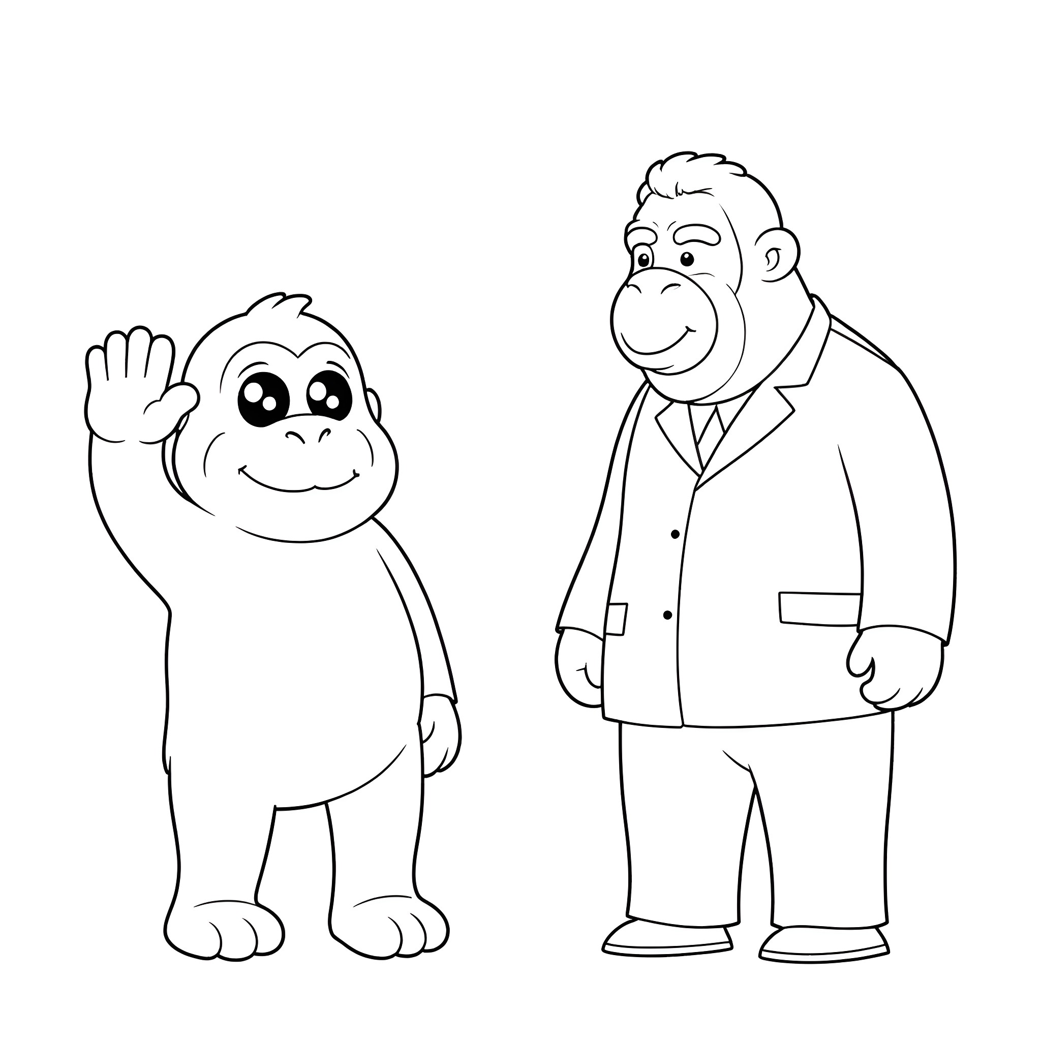 Harambe and his friend in a friendly pose Coloring Page (free black-and-white line drawing printable PDF for all, from beginners to advanced learners, including children, teens, adults, and seniors)