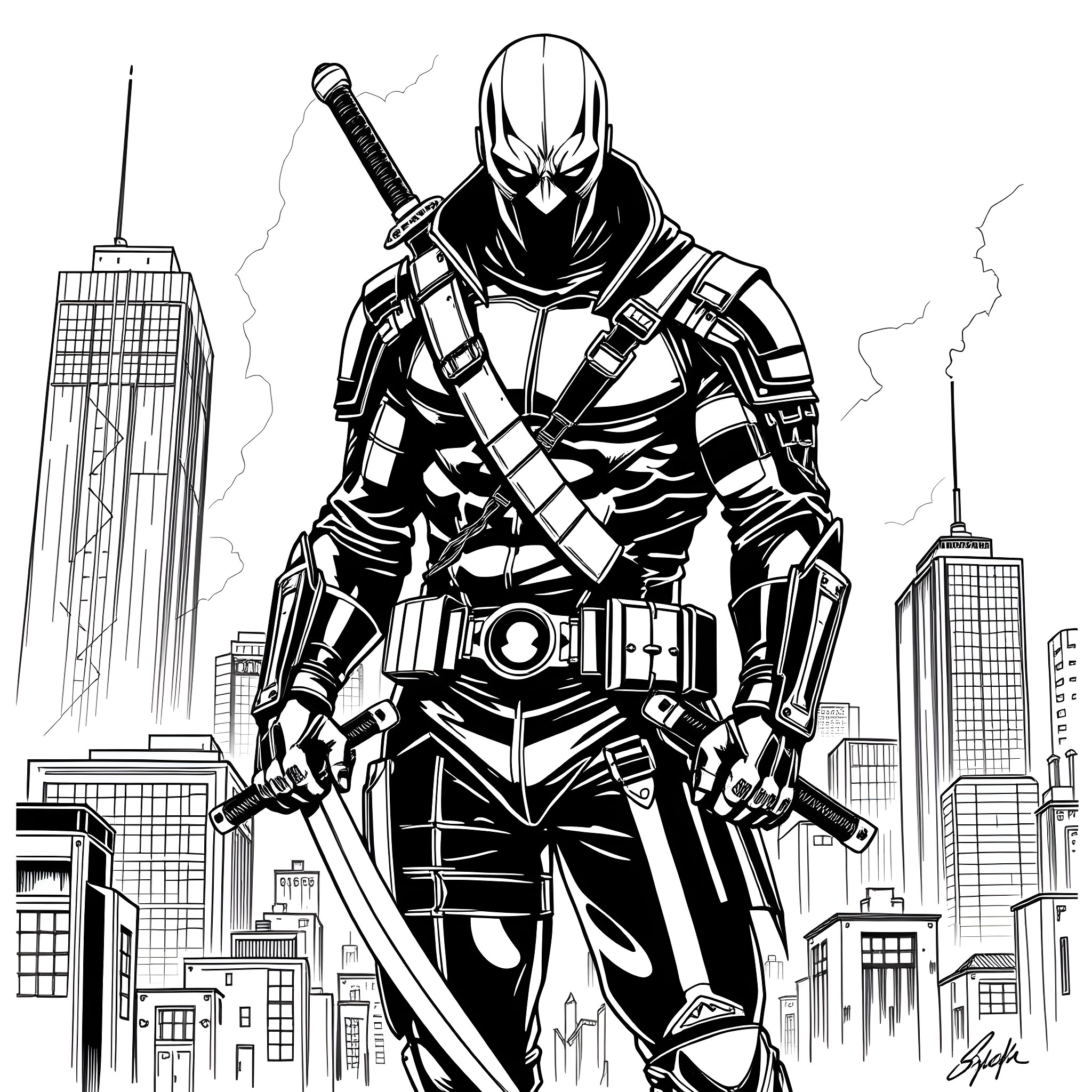 Deathstroke, the Tactical Mercenary's Menacing Presence Coloring Page (free black-and-white line drawing printable PDF for all, from beginners to advanced learners, including children, teens, adults, and seniors)
