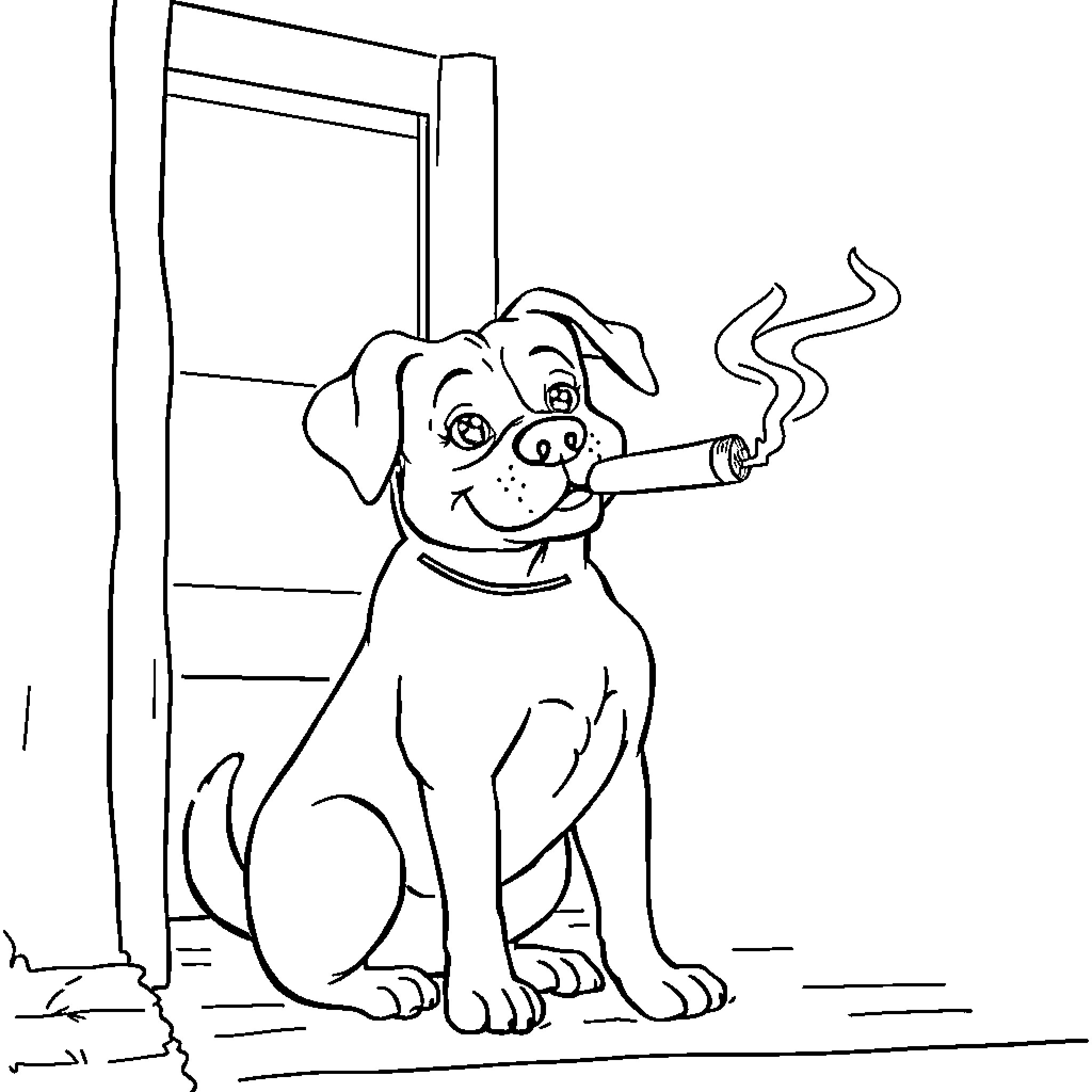 Dog smoking cigarette in front of door Coloring Page (free black-and-white line drawing printable PDF for all, from beginners to advanced learners, including children, teens, adults, and seniors)