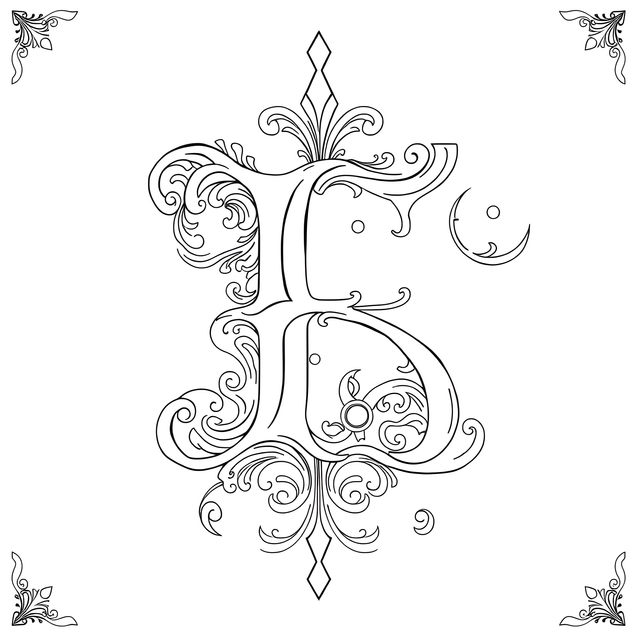 A Decorative Monogram Letter Design Coloring Page (free black-and-white line drawing printable PDF for all, from beginners to advanced learners, including children, teens, adults, and seniors)