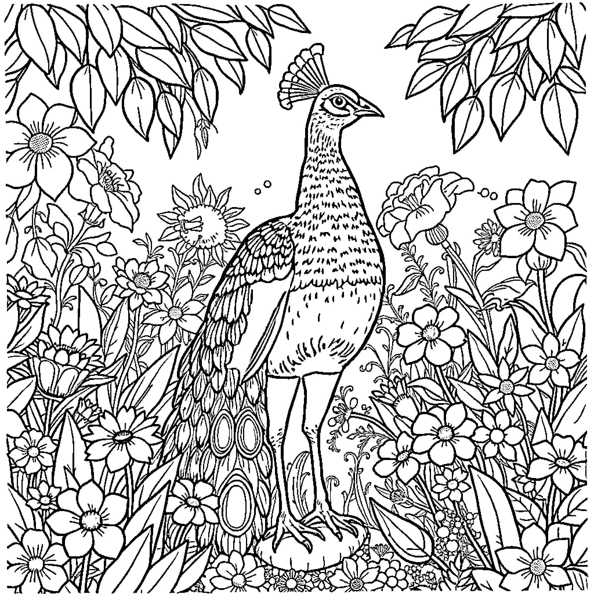 Peacock amidst a vibrant floral garden Coloring Page (free black-and-white line drawing printable PDF for all, from beginners to advanced learners, including children, teens, adults, and seniors)