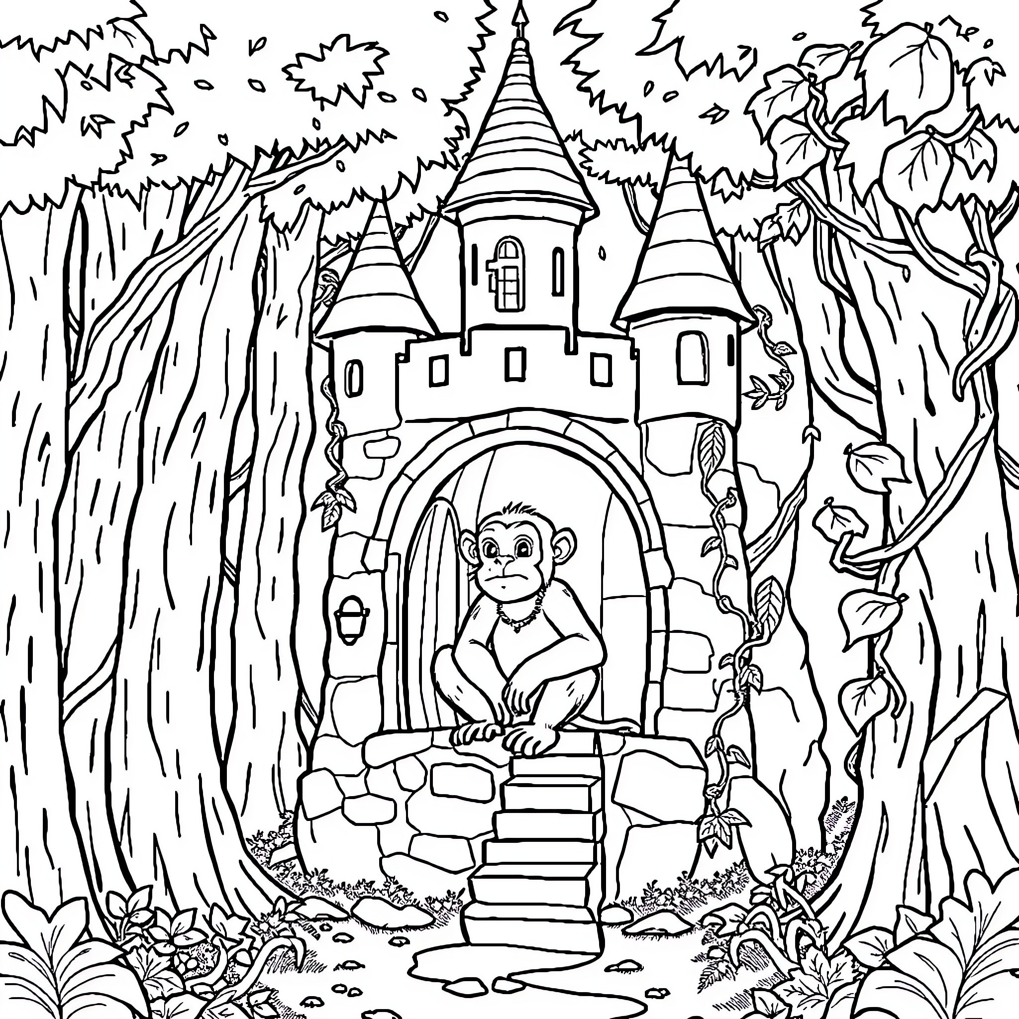 Monkey exploring a whimsical castle in the enchanted forest Coloring Page (free black-and-white line drawing printable PDF for all, from beginners to advanced learners, including children, teens, adults, and seniors)