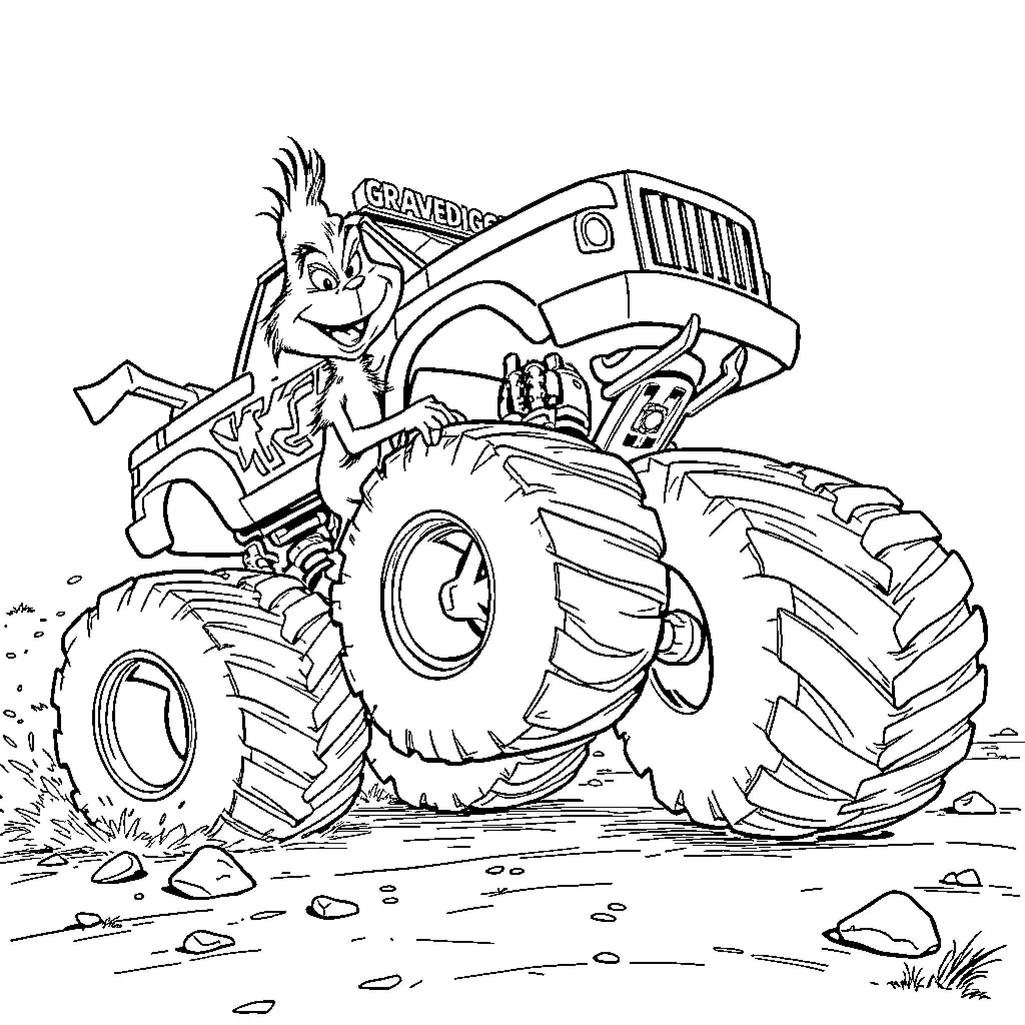 Grinch driving a monstrous truck on rugged terrain Coloring Page (free black-and-white line drawing printable PDF for all, from beginners to advanced learners, including children, teens, adults, and seniors)