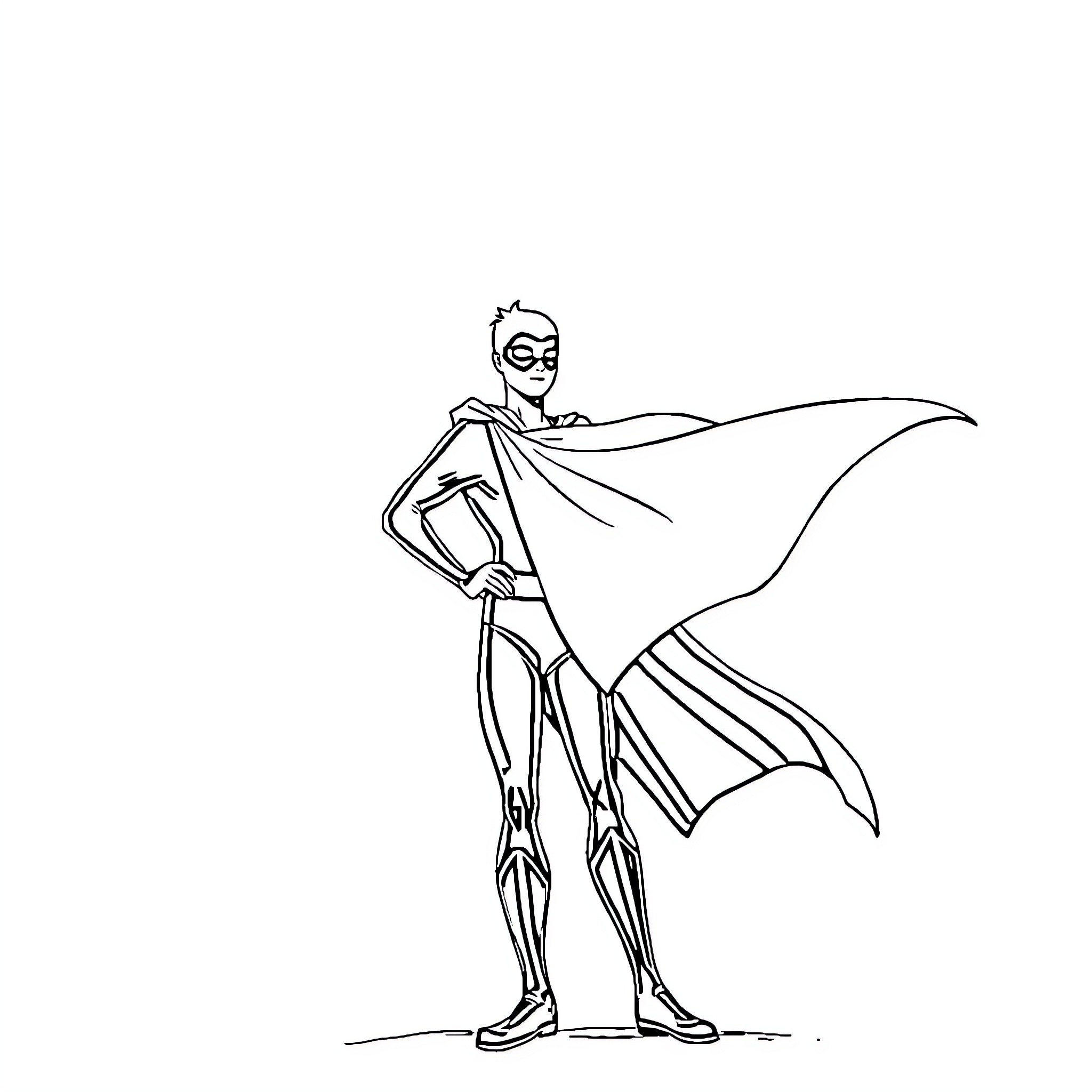Hero wearing cape and costume posing heroically Coloring Page (free black-and-white line drawing printable PDF for all, from beginners to advanced learners, including children, teens, adults, and seniors)
