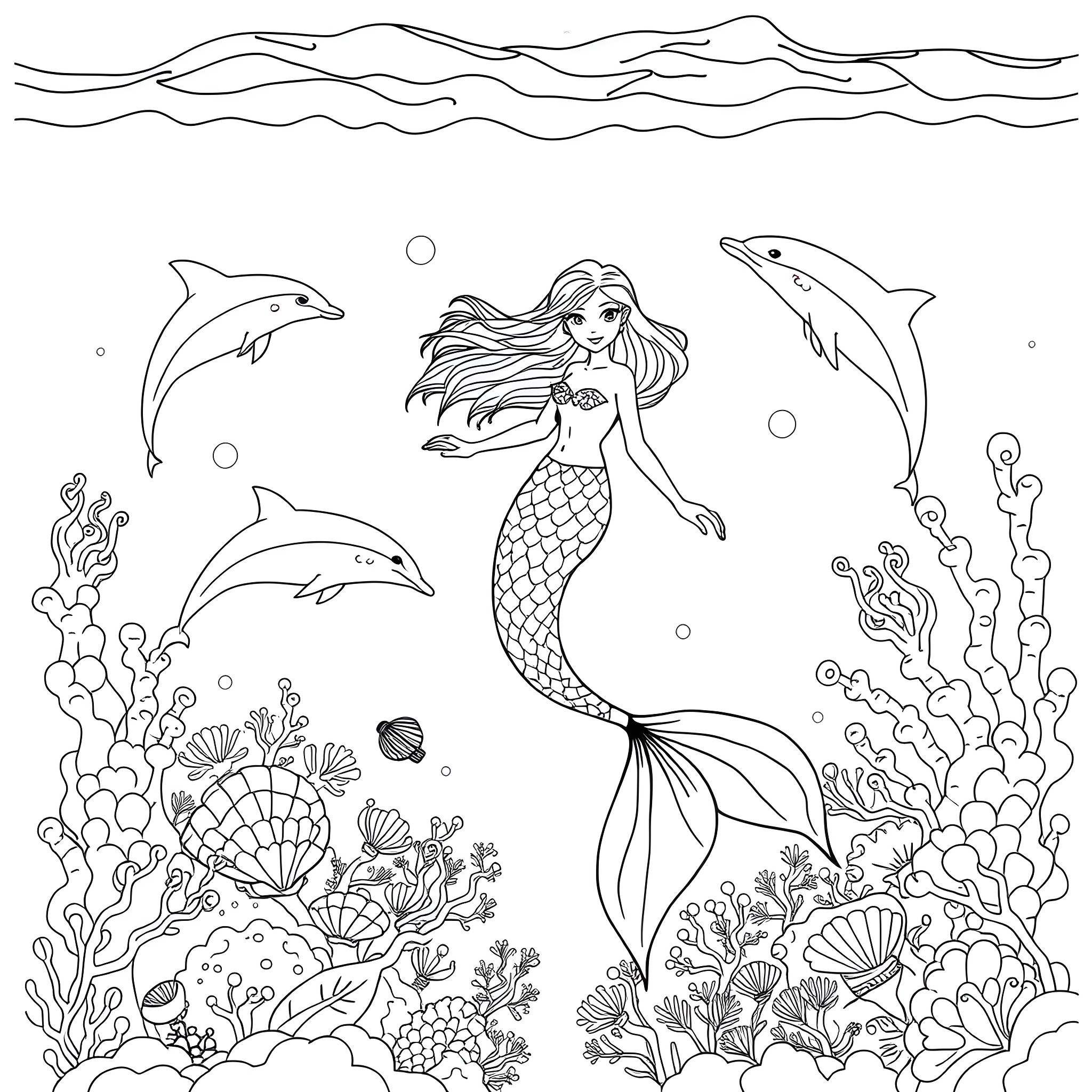 Mermaid swimming with dolphins in the coral reef Coloring Page (free black-and-white line drawing printable PDF for all, from beginners to advanced learners, including children, teens, adults, and seniors)