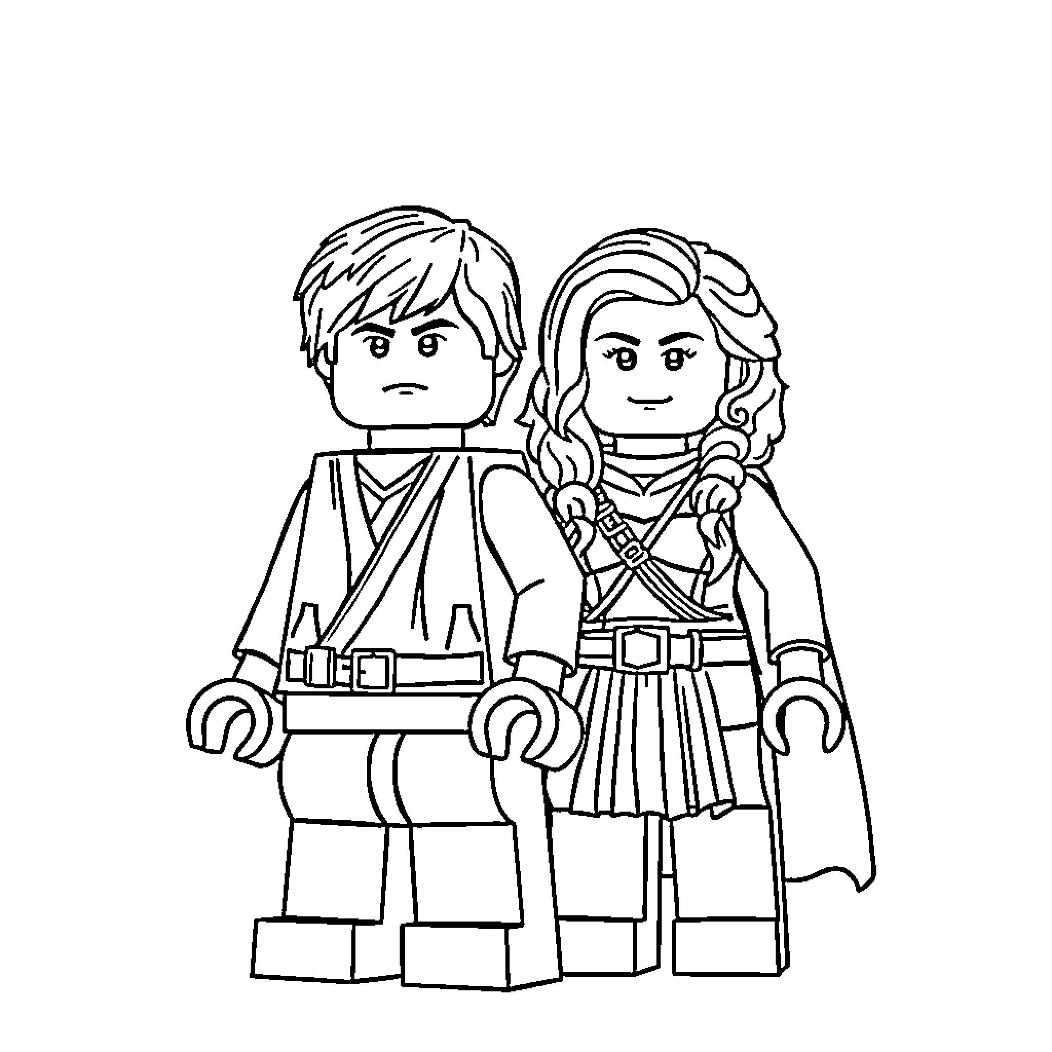 Lego Couple in Adventurous Attire Coloring Page (free black-and-white line drawing printable PDF for all, from beginners to advanced learners, including children, teens, adults, and seniors)