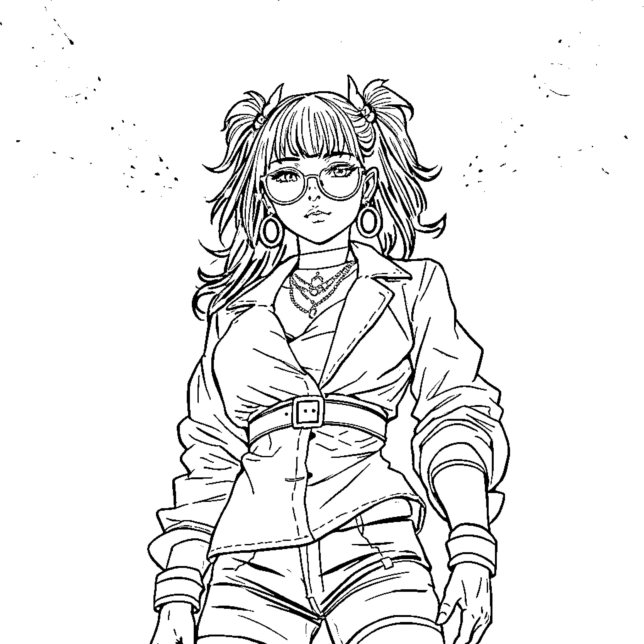 Rumi's Stylish Anime-Inspired Outfit Coloring Page (free black-and-white line drawing printable PDF for all, from beginners to advanced learners, including children, teens, adults, and seniors)