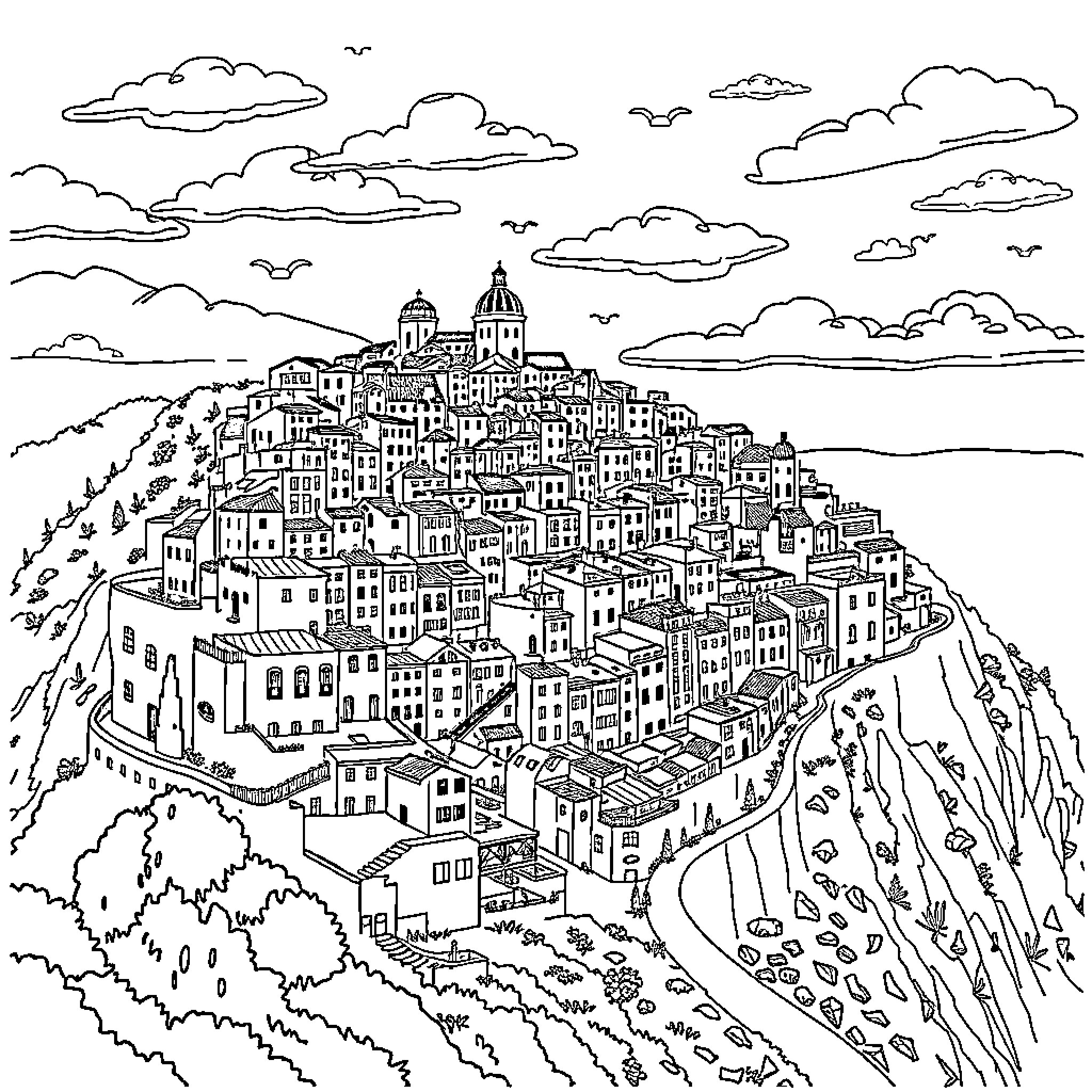 City on a Hilltop with Detailed Architectural Structures Coloring Page (free black-and-white line drawing printable PDF for all, from beginners to advanced learners, including children, teens, adults, and seniors)