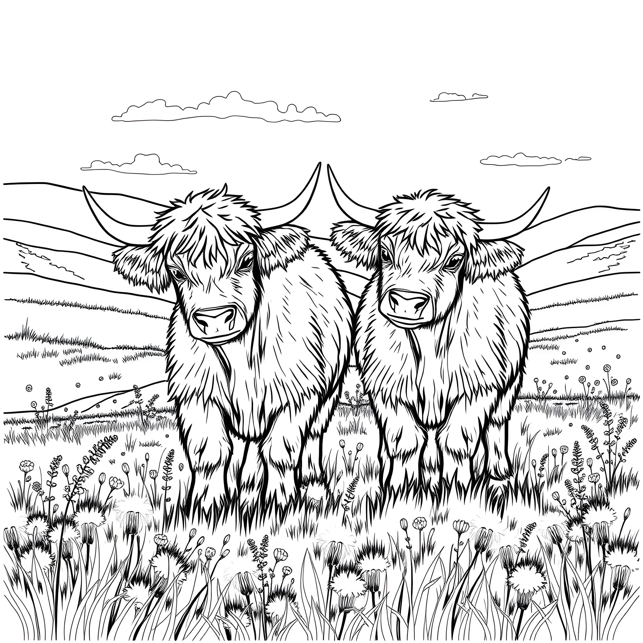 Highland Cows Grazing in Scenic Countryside Coloring Page (free black-and-white line drawing printable PDF for all, from beginners to advanced learners, including children, teens, adults, and seniors)