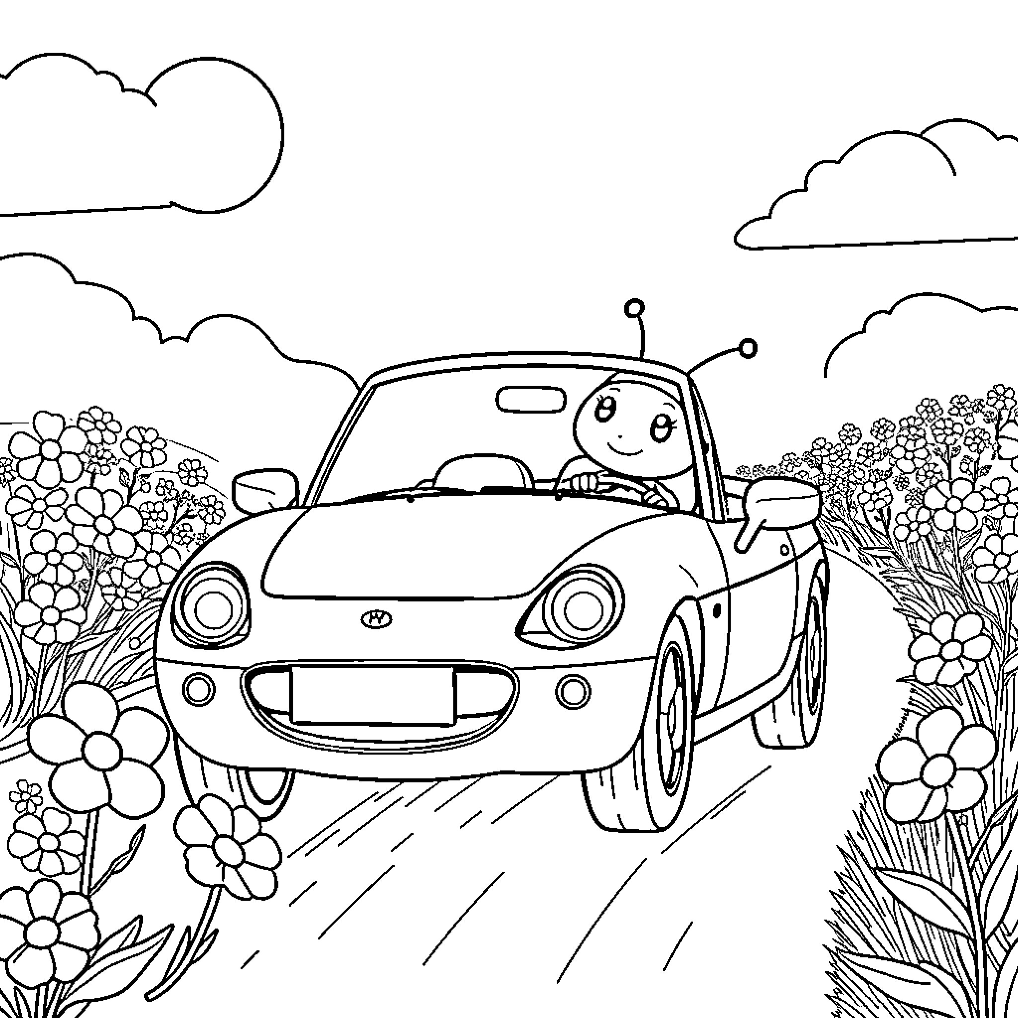 Ladybug driving a cute car on a floral path Coloring Page (free black-and-white line drawing printable PDF for all, from beginners to advanced learners, including children, teens, adults, and seniors)
