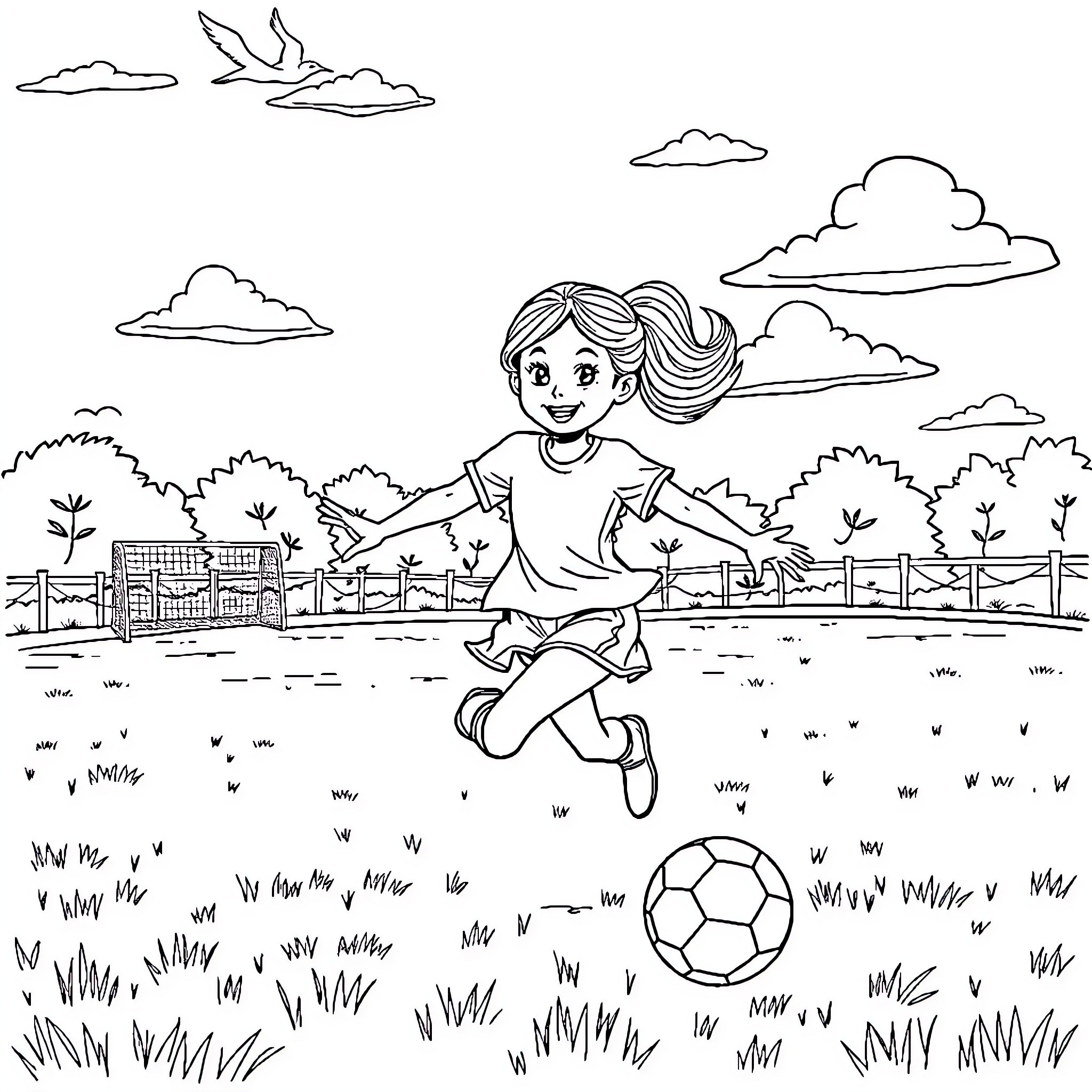 Girl Happily Playing with Soccer Ball in the Park Coloring Page (free black-and-white line drawing printable PDF for all, from beginners to advanced learners, including children, teens, adults, and seniors)
