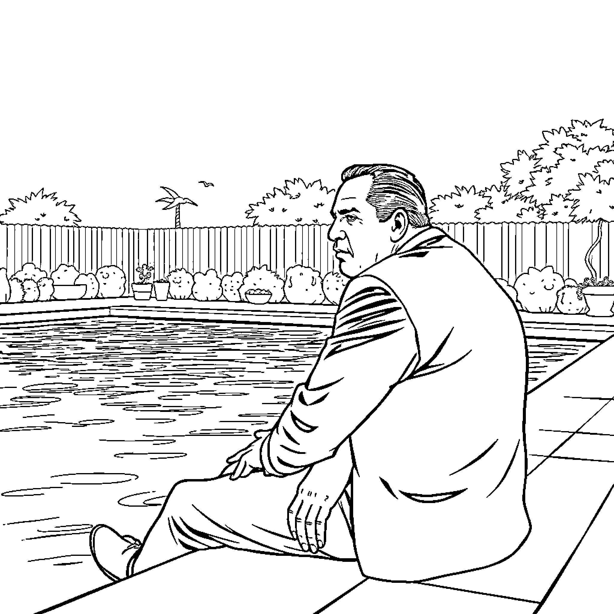 Tony Soprano relaxing by the pool on a sunny day Coloring Page (free black-and-white line drawing printable PDF for all, from beginners to advanced learners, including children, teens, adults, and seniors)