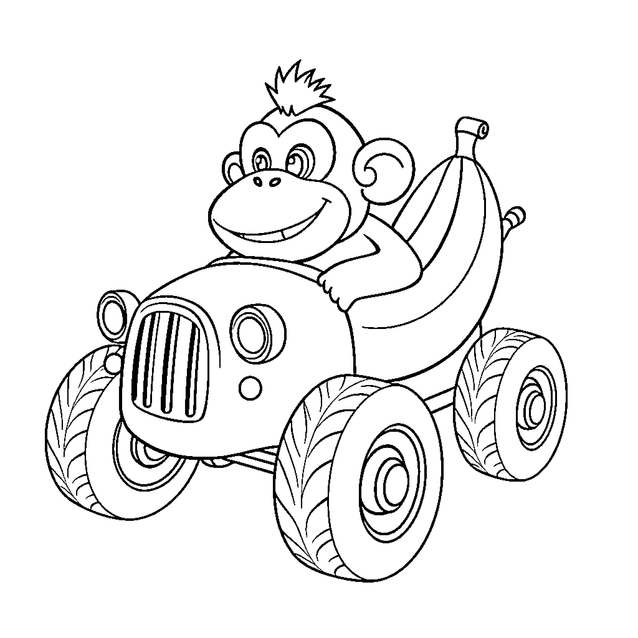 Monkey driving fun tractor with bananas Coloring Page (free black-and-white line drawing printable PDF for all, from beginners to advanced learners, including children, teens, adults, and seniors)