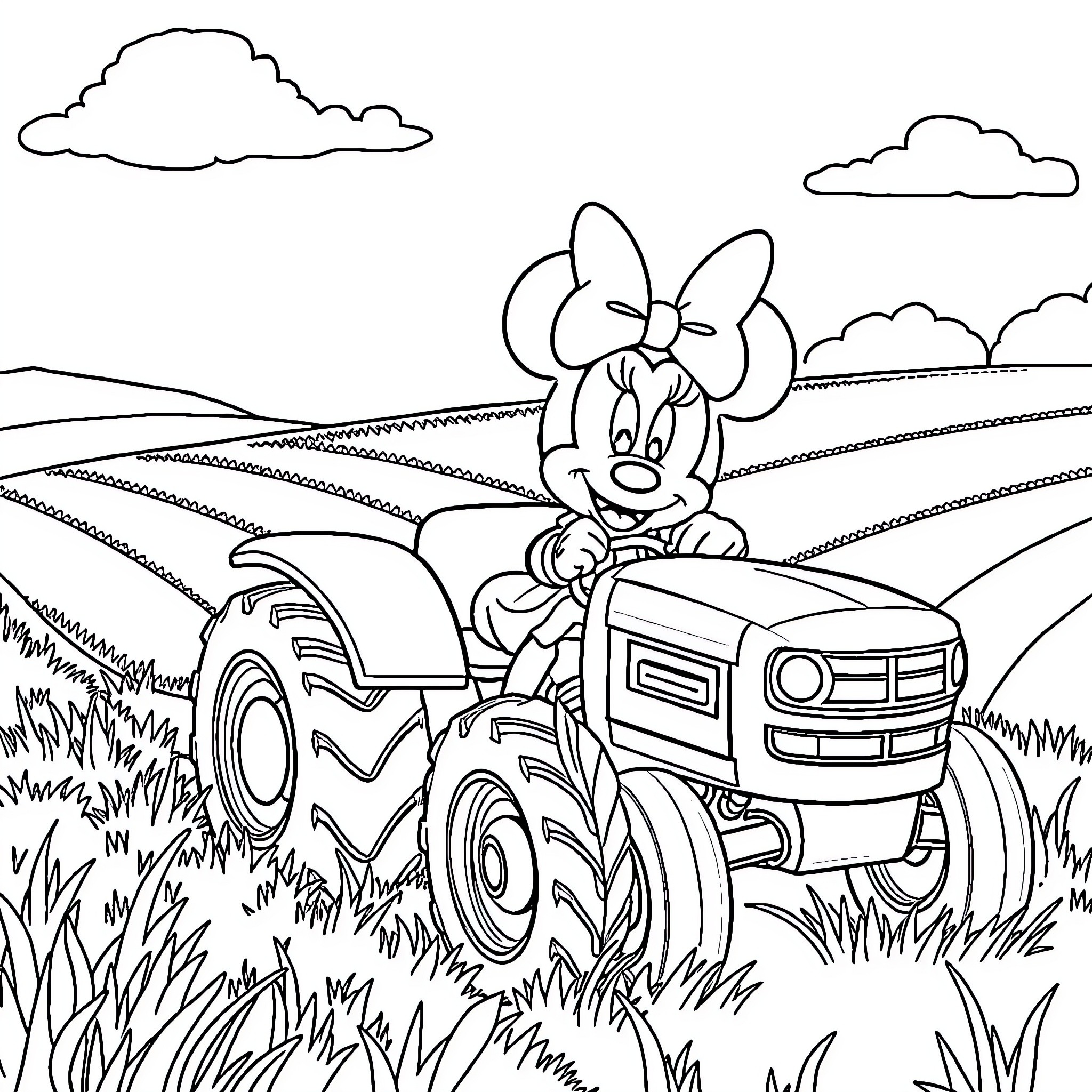 Minnie Mouse driving a tractor on a farm Coloring Page (free black-and-white line drawing printable PDF for all, from beginners to advanced learners, including children, teens, adults, and seniors)