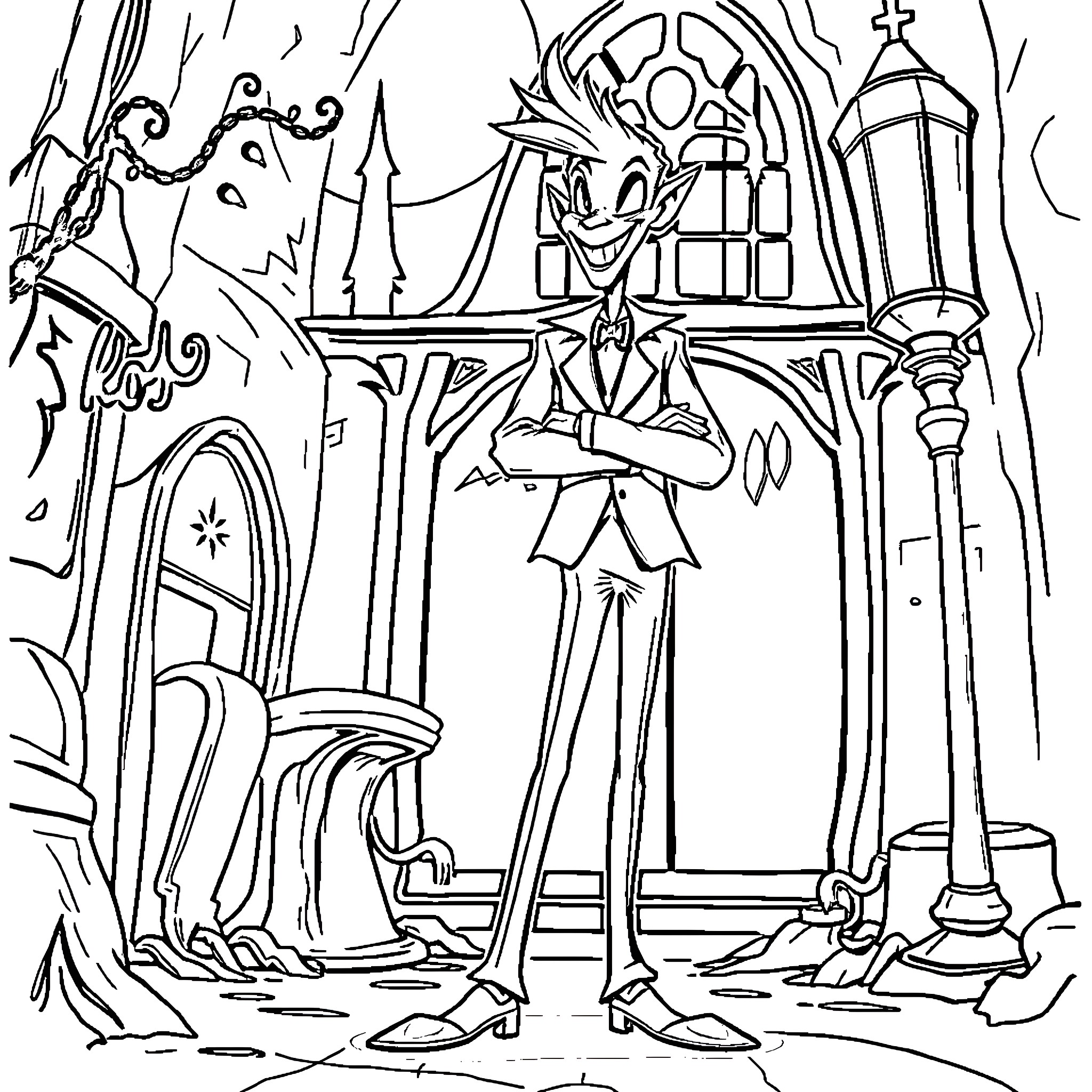 Alastor, the Demon Overlord in his Demonic Realm Coloring Page (free black-and-white line drawing printable PDF for all, from beginners to advanced learners, including children, teens, adults, and seniors)