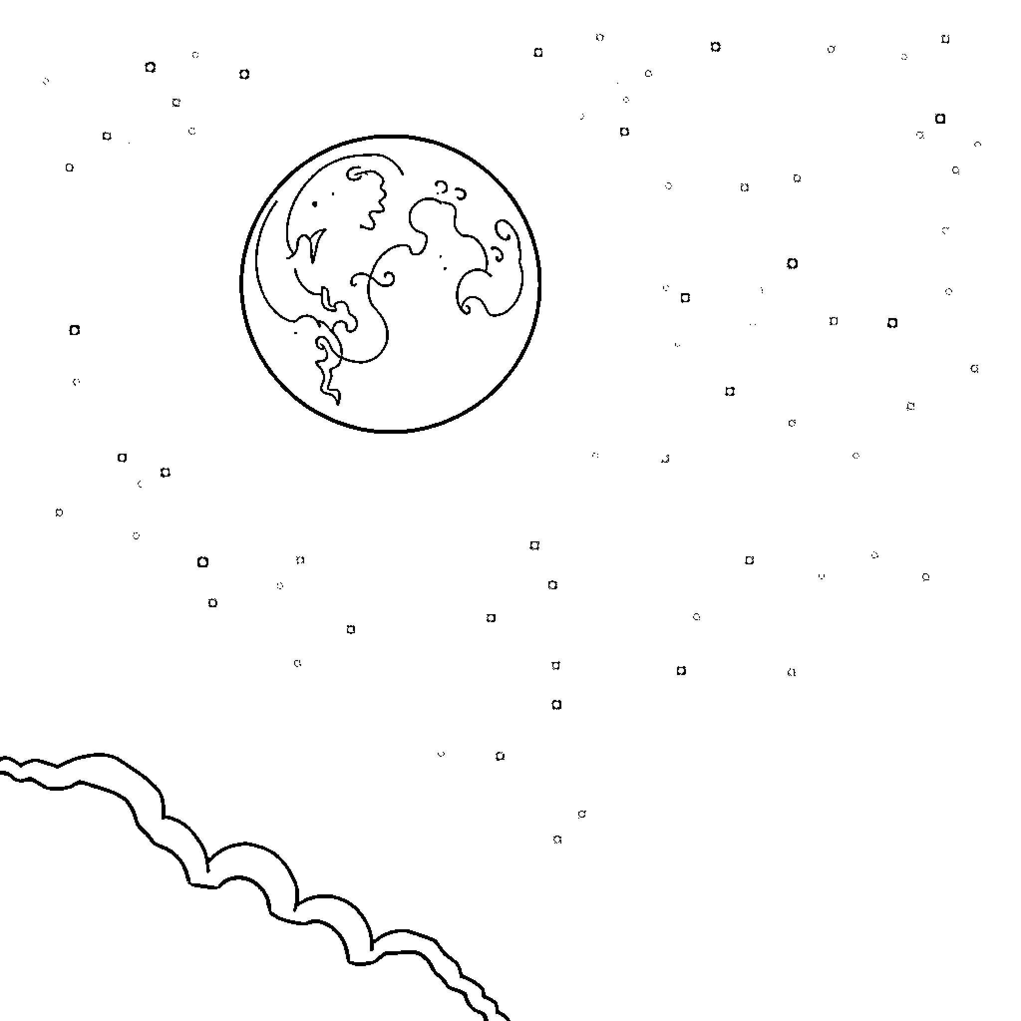 Moon floating in space with stars Coloring Page (free black-and-white line drawing printable PDF for all, from beginners to advanced learners, including children, teens, adults, and seniors)