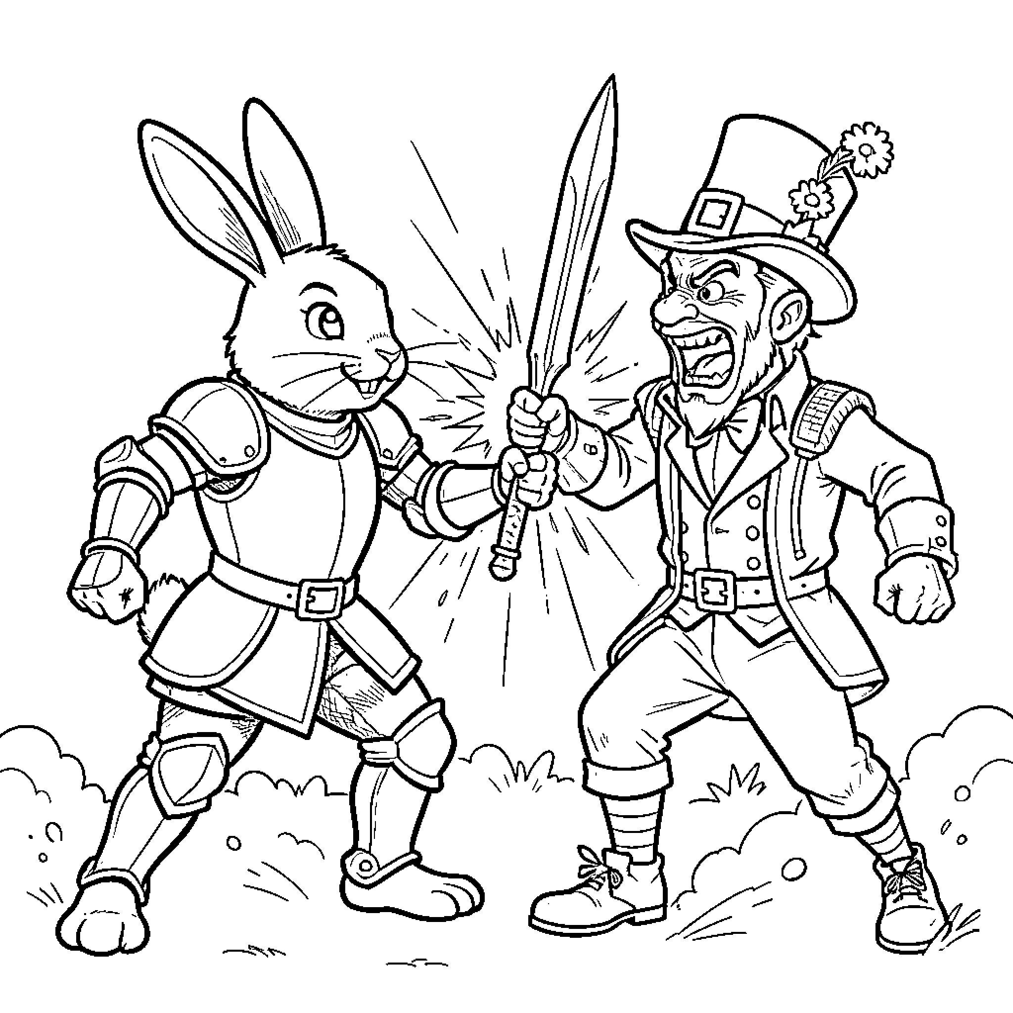 Easter Bunny battles mischievous leprechaun Coloring Page (free black-and-white line drawing printable PDF for all, from beginners to advanced learners, including children, teens, adults, and seniors)