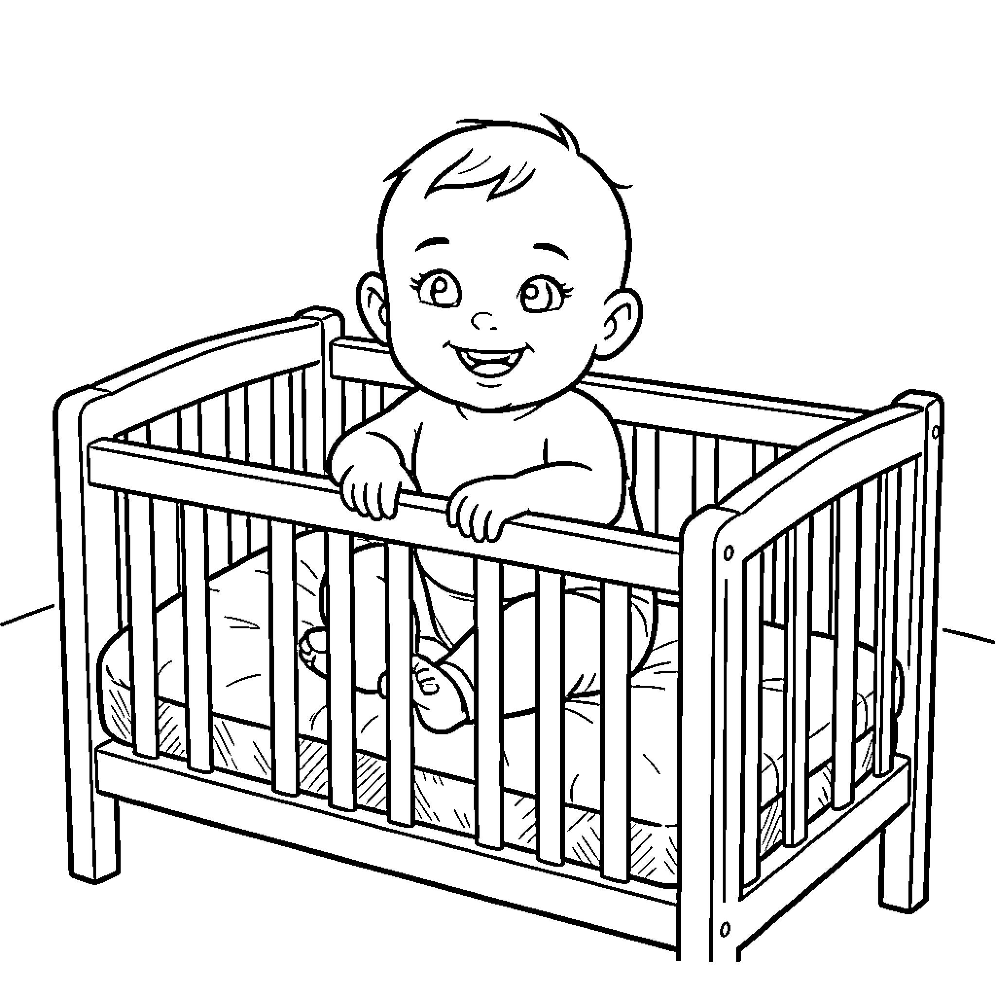 Baby smiling while sitting inside a wooden crib Coloring Page (free black-and-white line drawing printable PDF for all, from beginners to advanced learners, including children, teens, adults, and seniors)