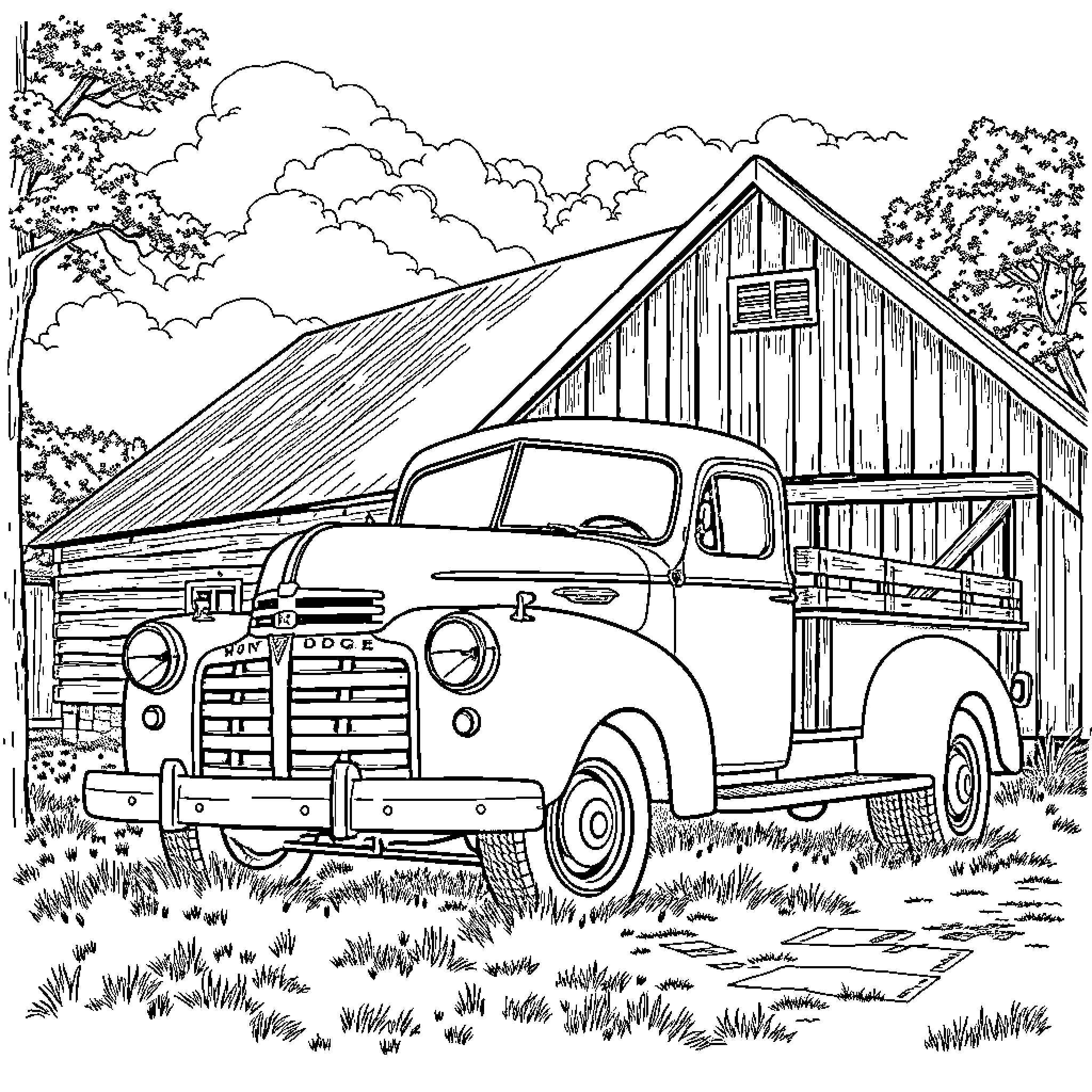 Dodge Truck parked by an old barn in the countryside Coloring Page (free black-and-white line drawing printable PDF for all, from beginners to advanced learners, including children, teens, adults, and seniors)