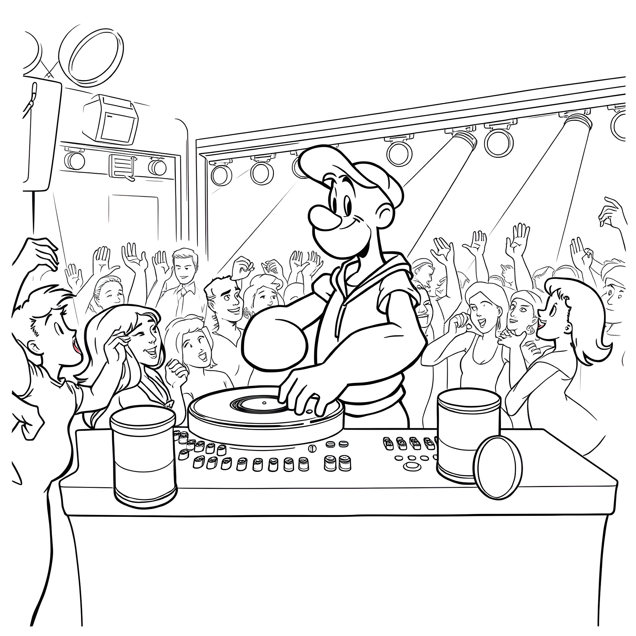 Popeye rocking the stage with his spinach-powered performance Coloring Page (free black-and-white line drawing printable PDF for all, from beginners to advanced learners, including children, teens, adults, and seniors)