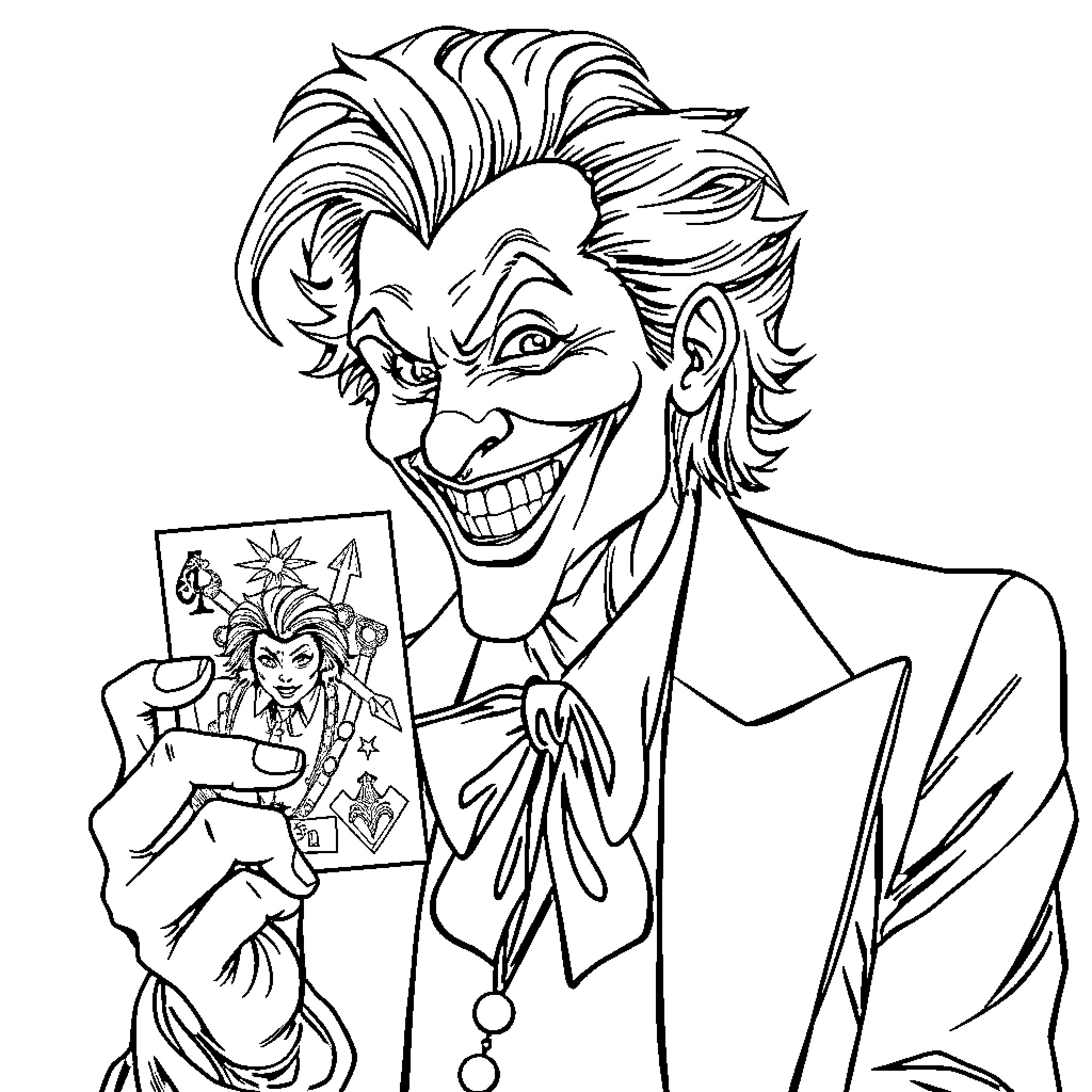 Joker's Twisted Delight: A Sinister Grin and Playful Cards Coloring Page (free black-and-white line drawing printable PDF for all, from beginners to advanced learners, including children, teens, adults, and seniors)