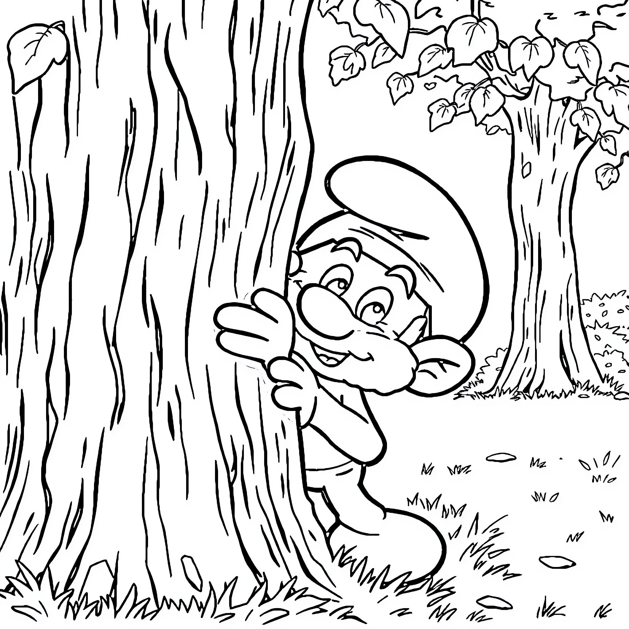 Smurf peeking through the forest foliage Coloring Page (free black-and-white line drawing printable PDF for all, from beginners to advanced learners, including children, teens, adults, and seniors)
