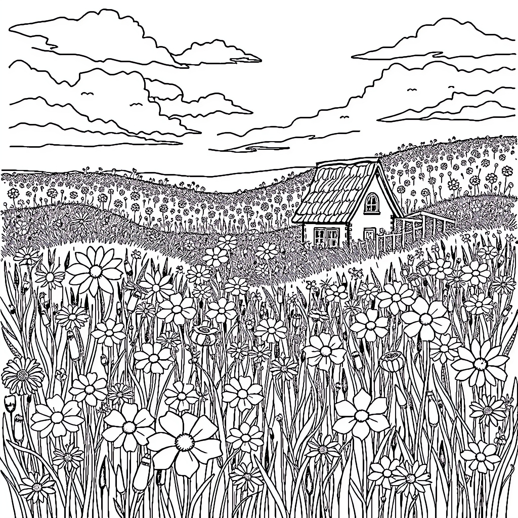 Wildflower meadow with a rustic cottage Coloring Page (free black-and-white line drawing printable PDF for all, from beginners to advanced learners, including children, teens, adults, and seniors)