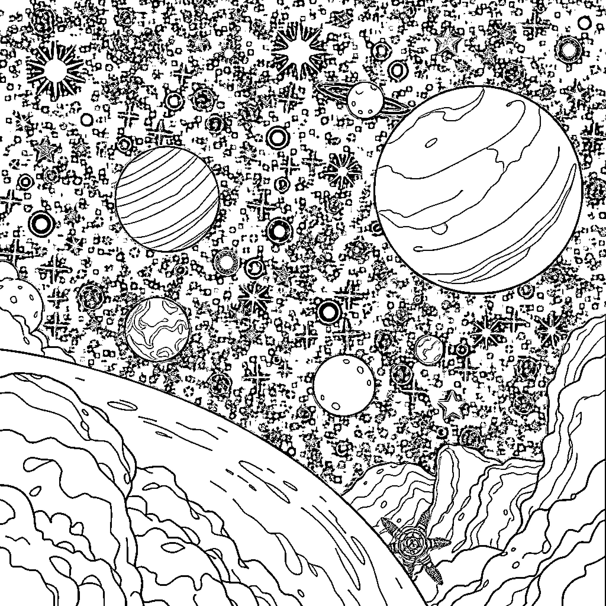 Space Celestial Bodies and Cosmic Landscape Coloring Page (free black-and-white line drawing printable PDF for all, from beginners to advanced learners, including children, teens, adults, and seniors)