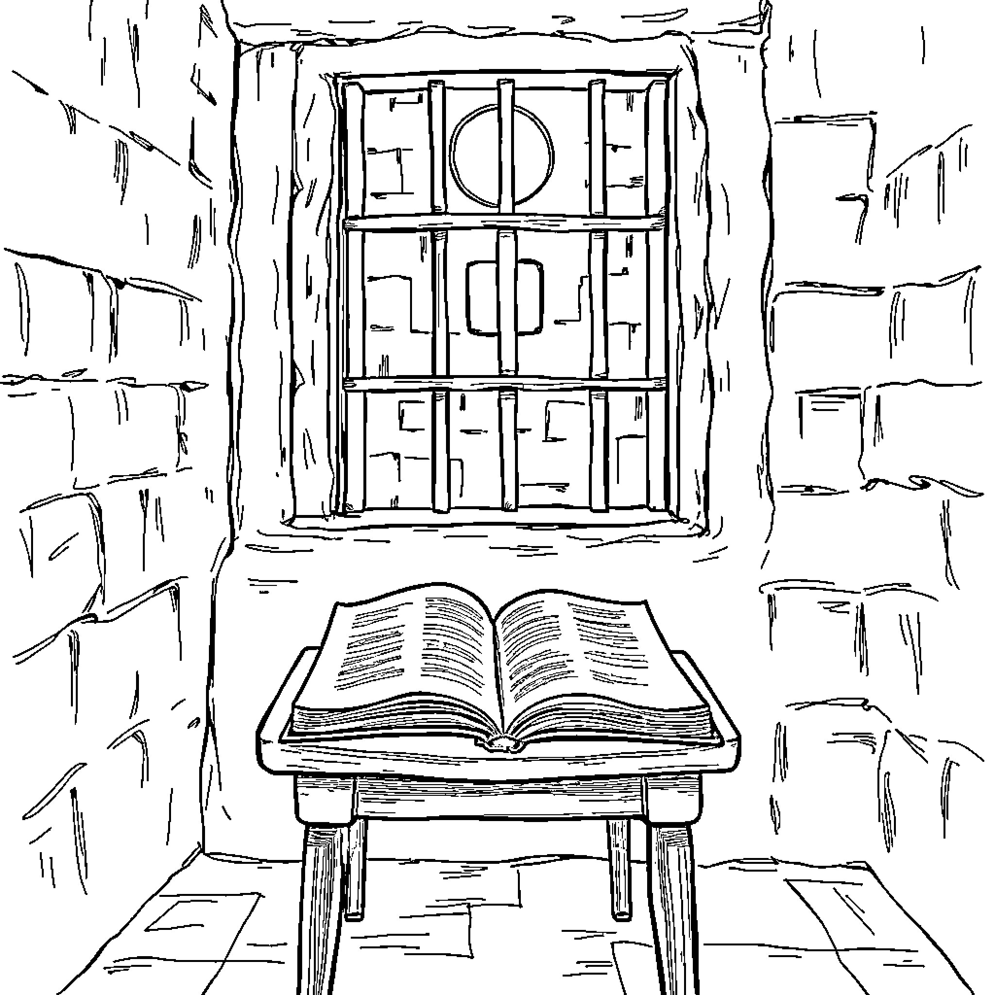 Book open on table in front of barred window Coloring Page (free black-and-white line drawing printable PDF for all, from beginners to advanced learners, including children, teens, adults, and seniors)