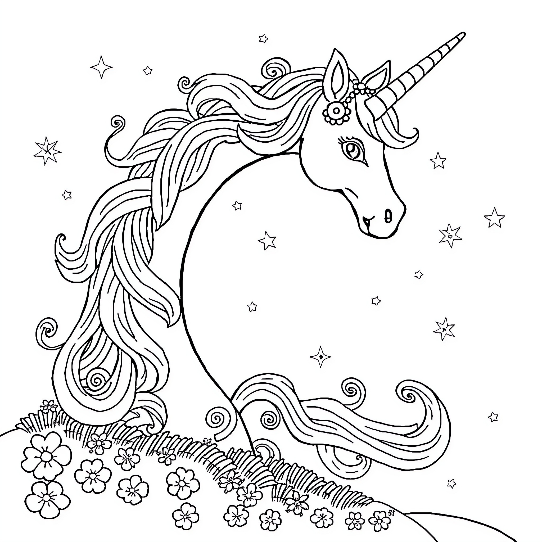 Licorne unicorn surrounded by stars and flowers Coloring Page (free black-and-white line drawing printable PDF for all, from beginners to advanced learners, including children, teens, adults, and seniors)