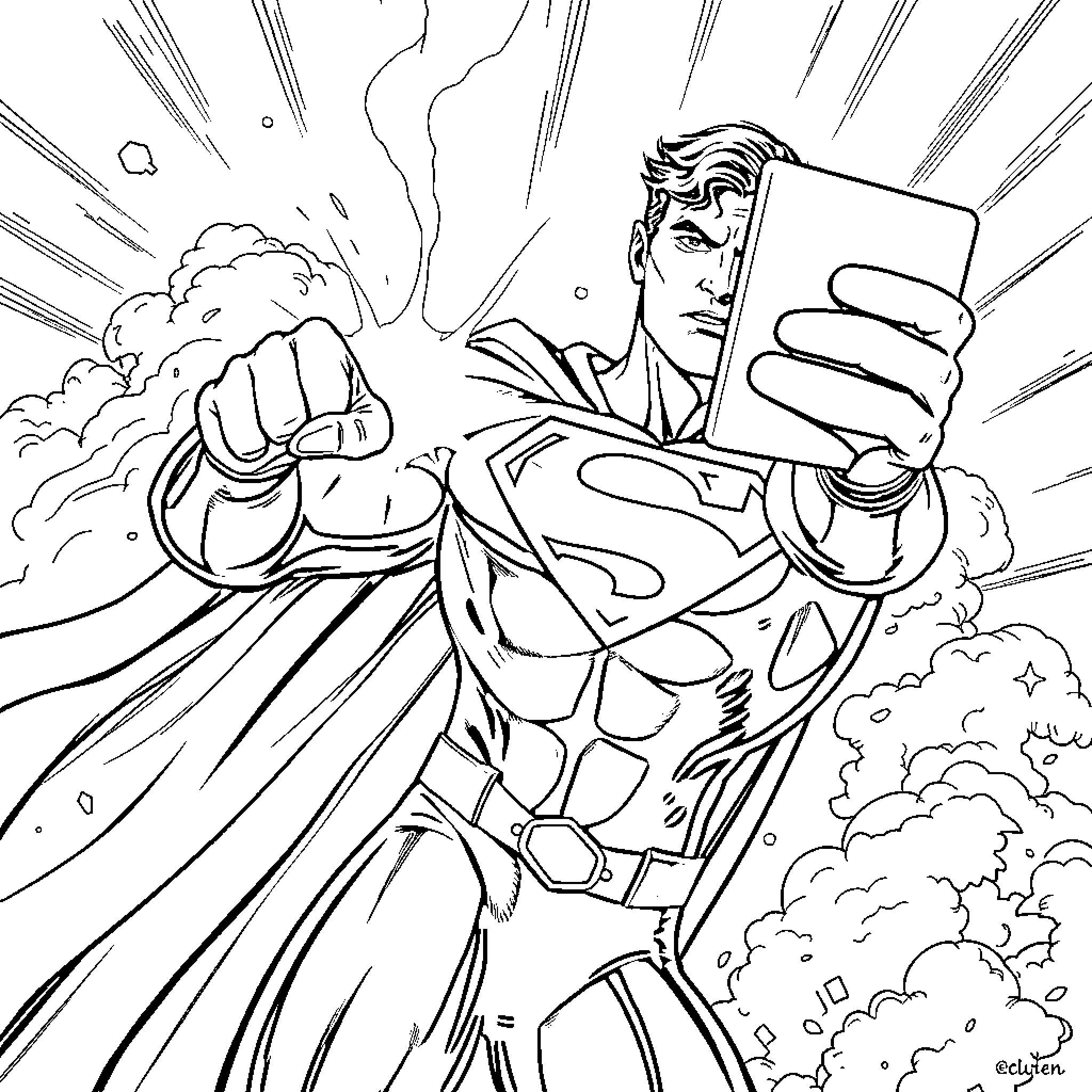 Superman taking heroic action in the sky Coloring Page (free black-and-white line drawing printable PDF for all, from beginners to advanced learners, including children, teens, adults, and seniors)