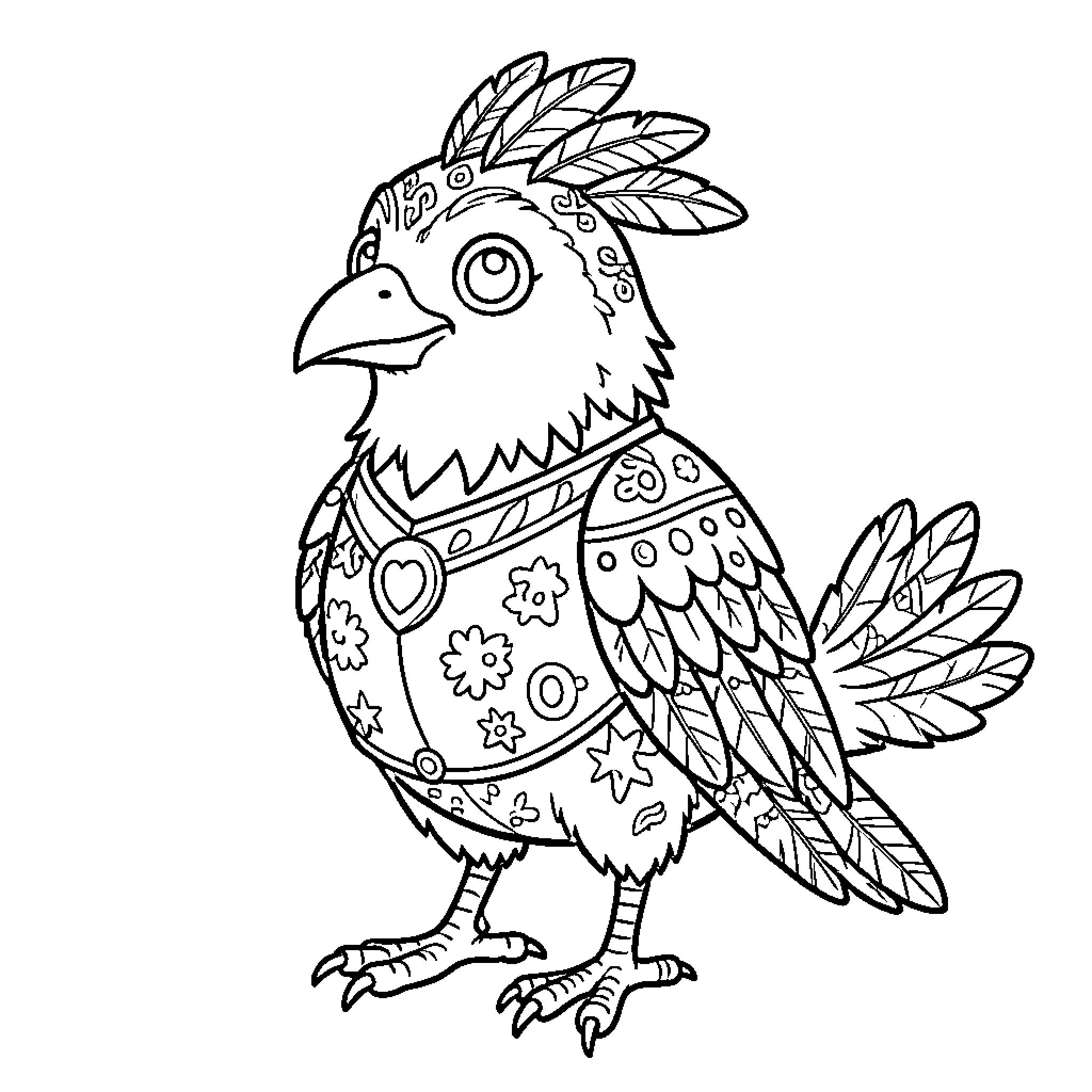 Bird with ornate patterned feathers Coloring Page (free black-and-white line drawing printable PDF for all, from beginners to advanced learners, including children, teens, adults, and seniors)