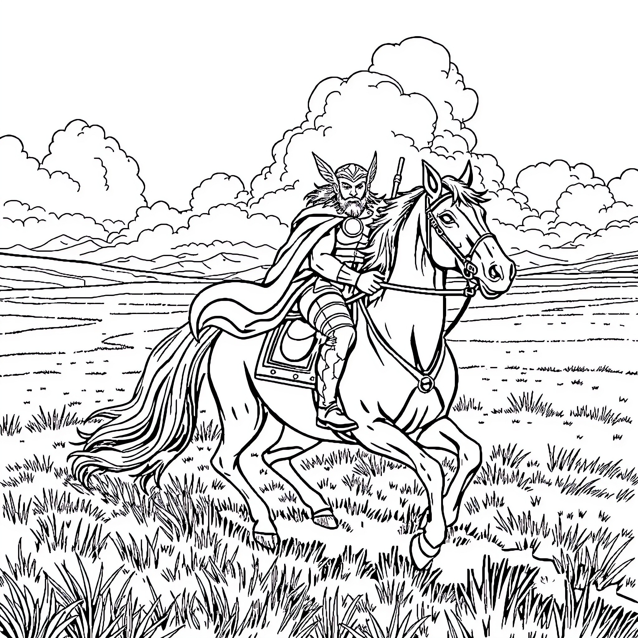 Thor riding his steed across the vast landscape Coloring Page (free black-and-white line drawing printable PDF for all, from beginners to advanced learners, including children, teens, adults, and seniors)