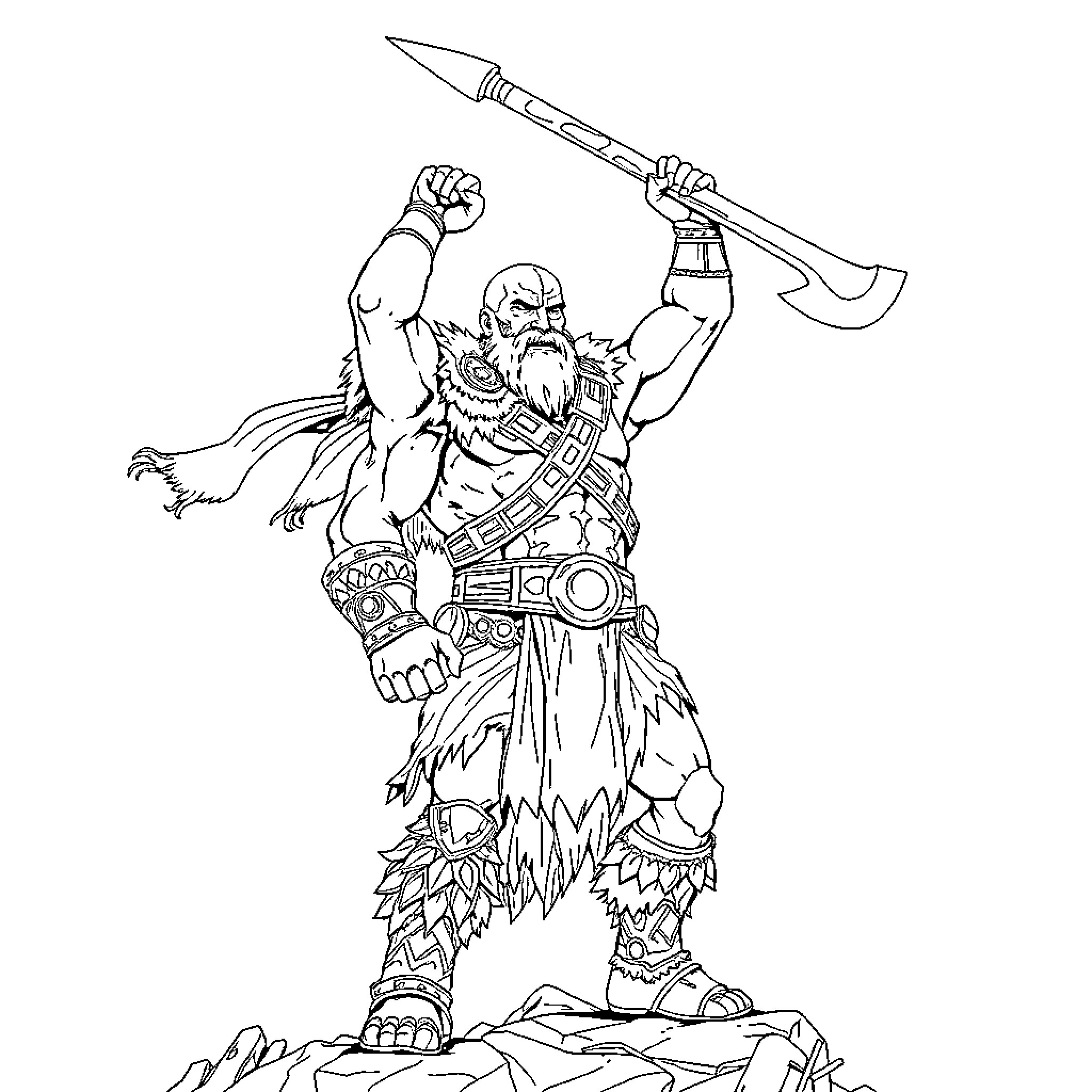 Kratos, the Powerful Warrior with Axe and Fury Coloring Page (free black-and-white line drawing printable PDF for all, from beginners to advanced learners, including children, teens, adults, and seniors)