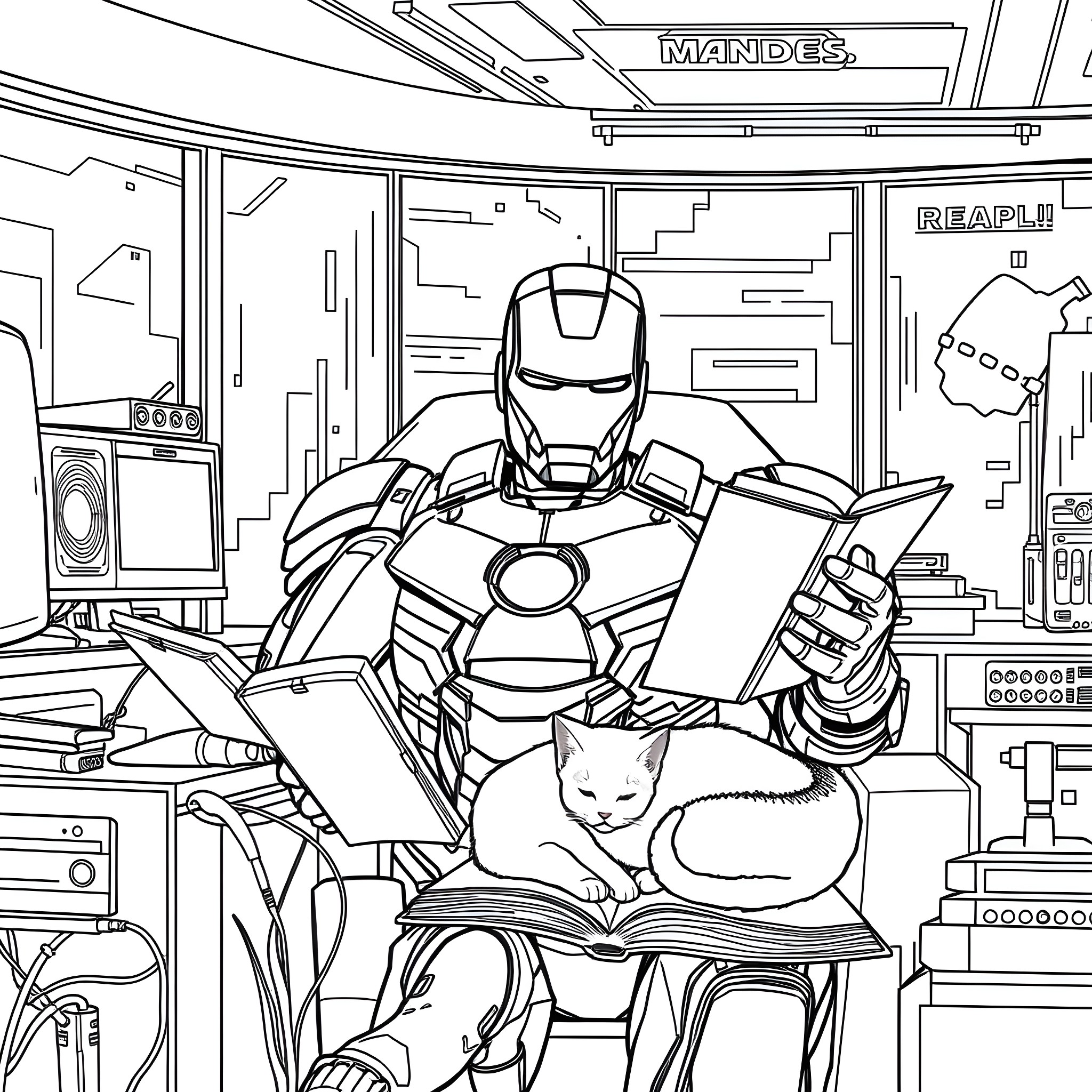 Iron Man relaxing with a book and a cat in his workshop Coloring Page (free black-and-white line drawing printable PDF for all, from beginners to advanced learners, including children, teens, adults, and seniors)