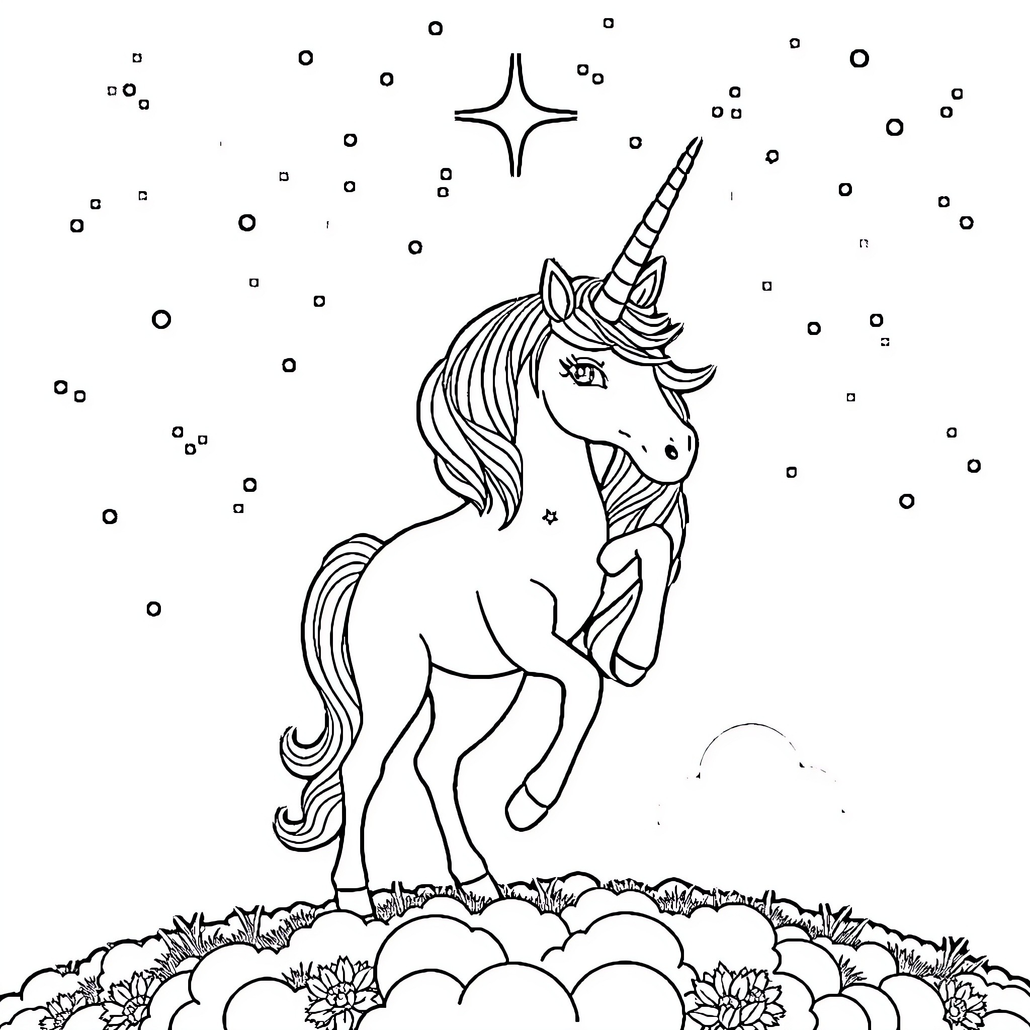 Unicorn standing in a magical field Coloring Page (free black-and-white line drawing printable PDF for all, from beginners to advanced learners, including children, teens, adults, and seniors)