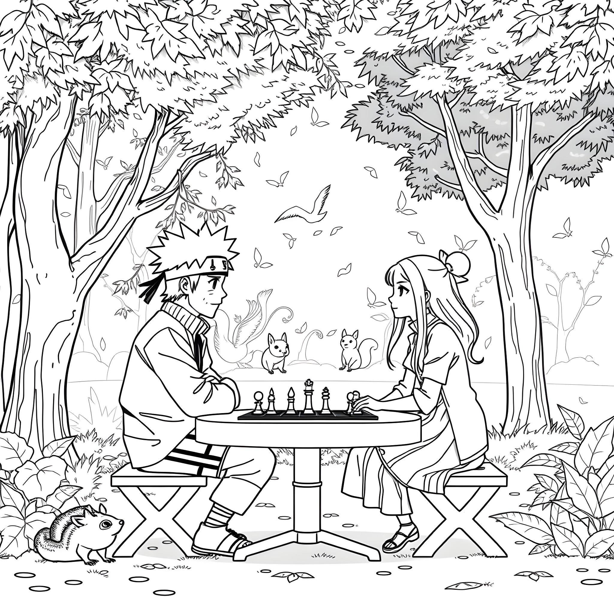 Naruto and Hinata playing chess in the forest Coloring Page (free black-and-white line drawing printable PDF for all, from beginners to advanced learners, including children, teens, adults, and seniors)